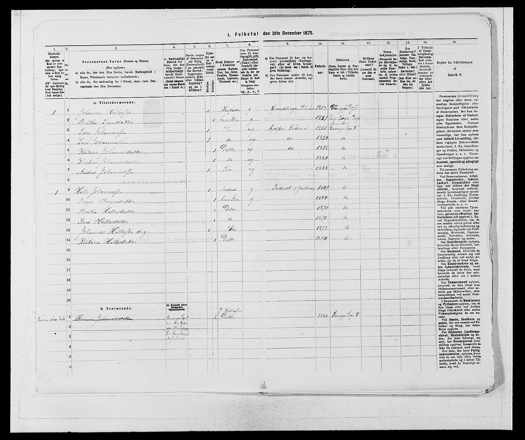 SAB, Folketelling 1875 for 1235P Voss prestegjeld, 1875, s. 1875