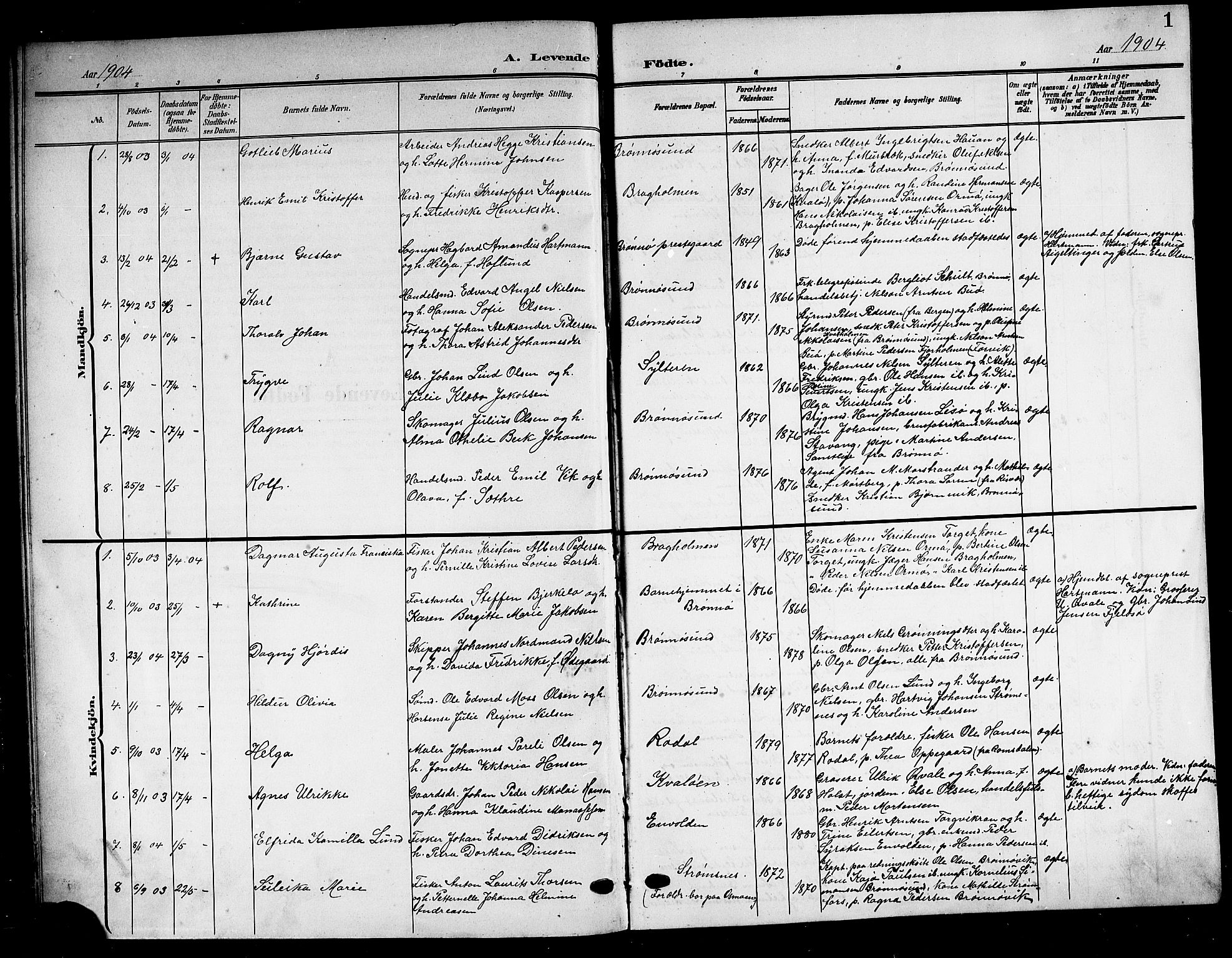 Ministerialprotokoller, klokkerbøker og fødselsregistre - Nordland, SAT/A-1459/813/L0214: Klokkerbok nr. 813C06, 1904-1917, s. 1