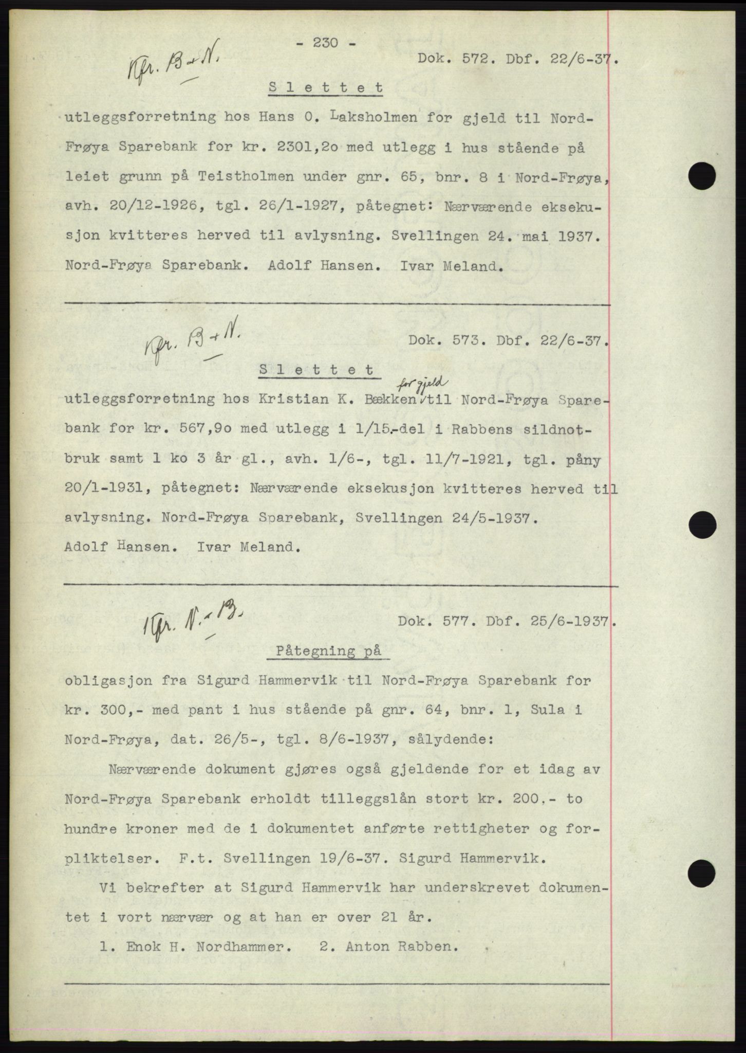 Hitra sorenskriveri, AV/SAT-A-0018/2/2C/2Ca: Pantebok nr. C1, 1936-1945, Dagboknr: 573/1937