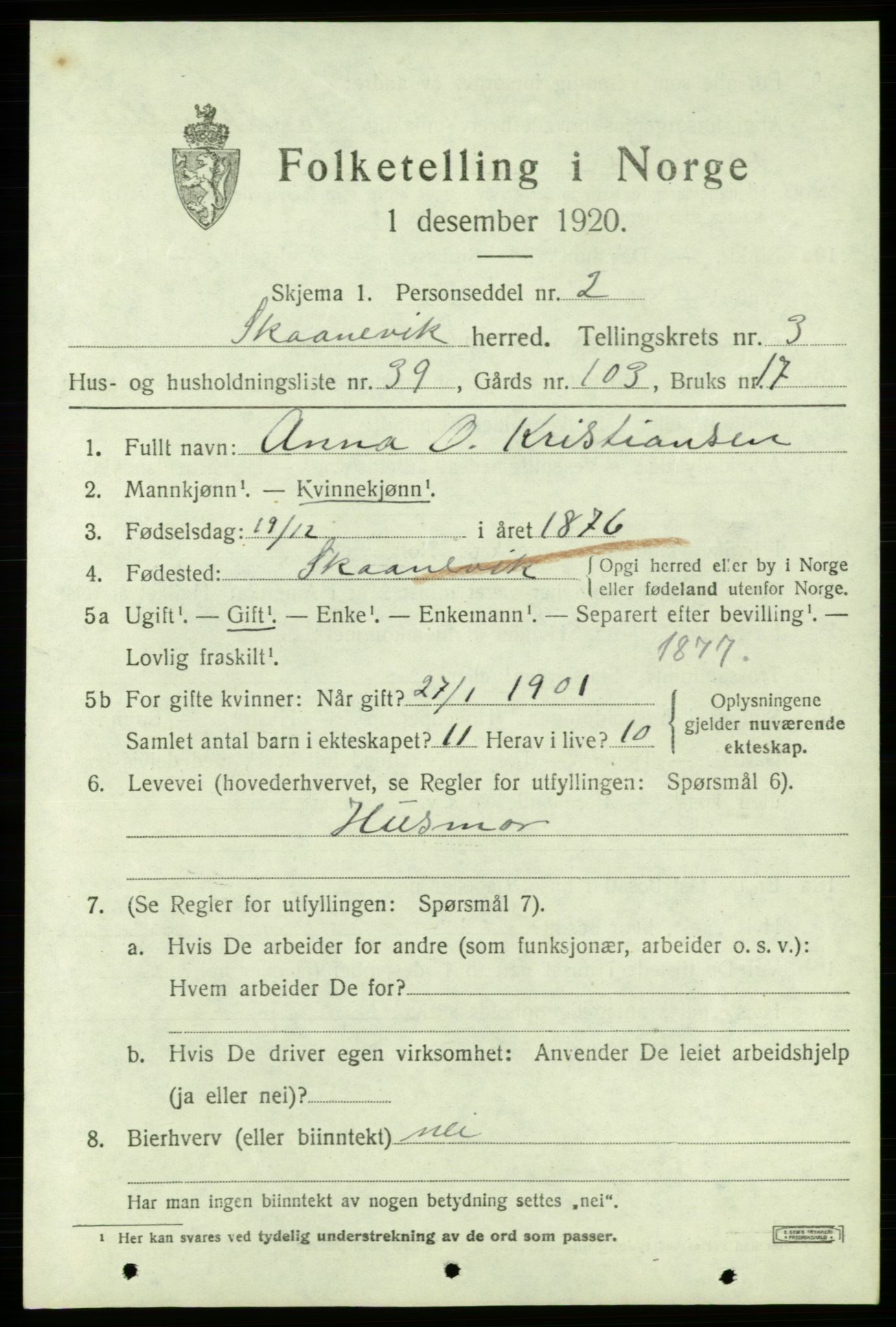 SAB, Folketelling 1920 for 1212 Skånevik herred, 1920, s. 3233