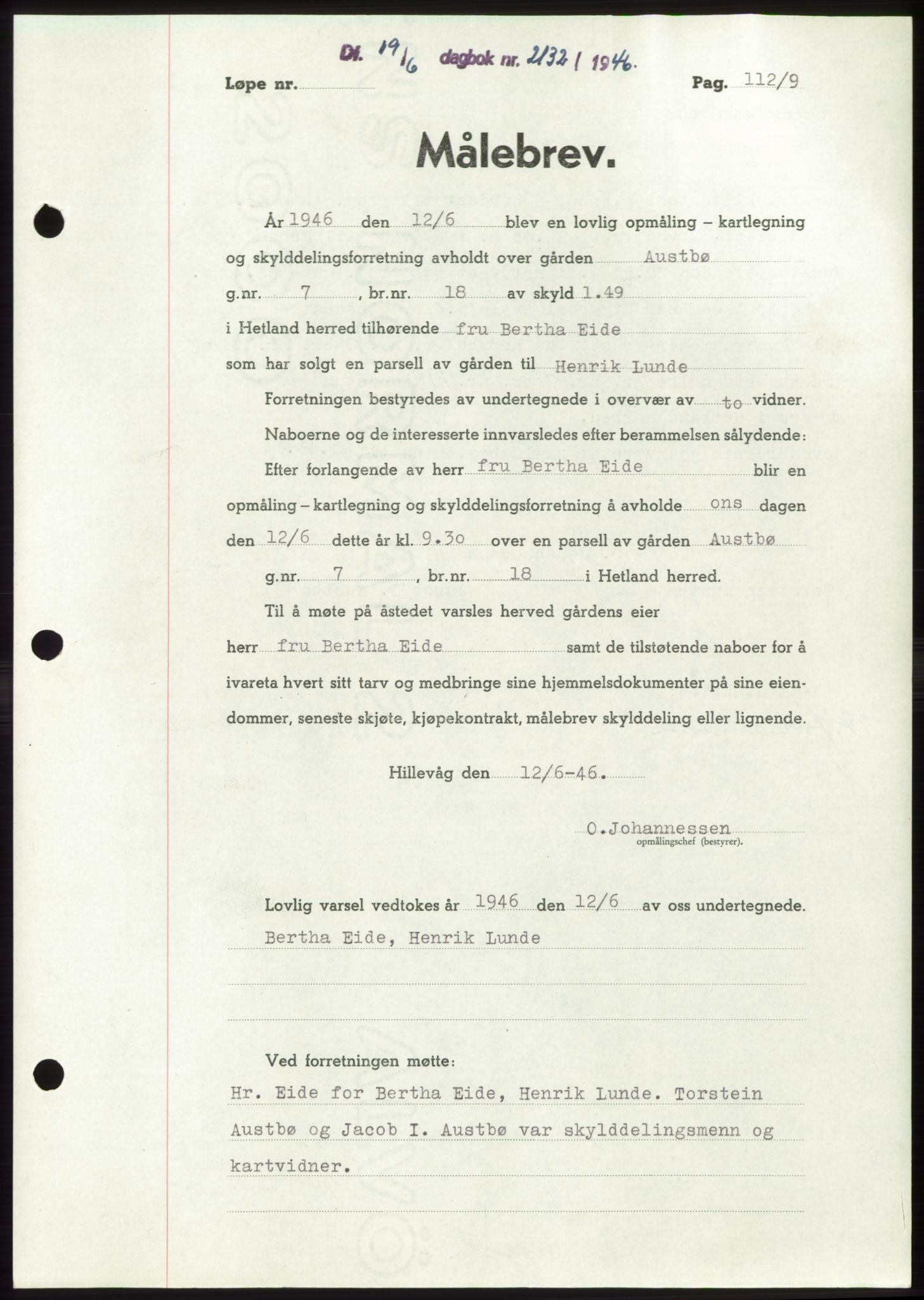 Jæren sorenskriveri, SAST/A-100310/03/G/Gba/L0090: Pantebok, 1946-1946, Dagboknr: 2132/1946