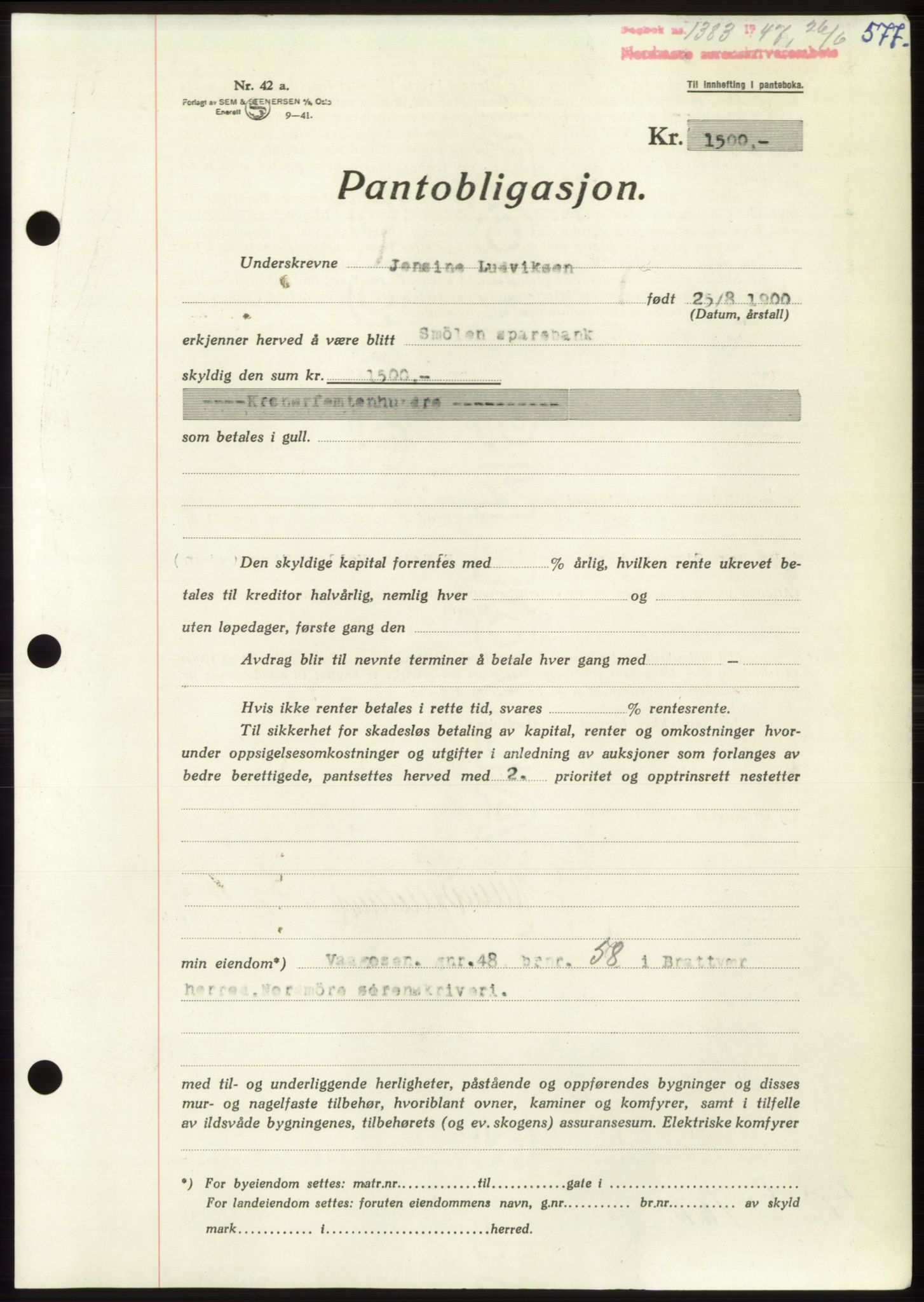 Nordmøre sorenskriveri, SAT/A-4132/1/2/2Ca: Pantebok nr. B96, 1947-1947, Dagboknr: 1383/1947