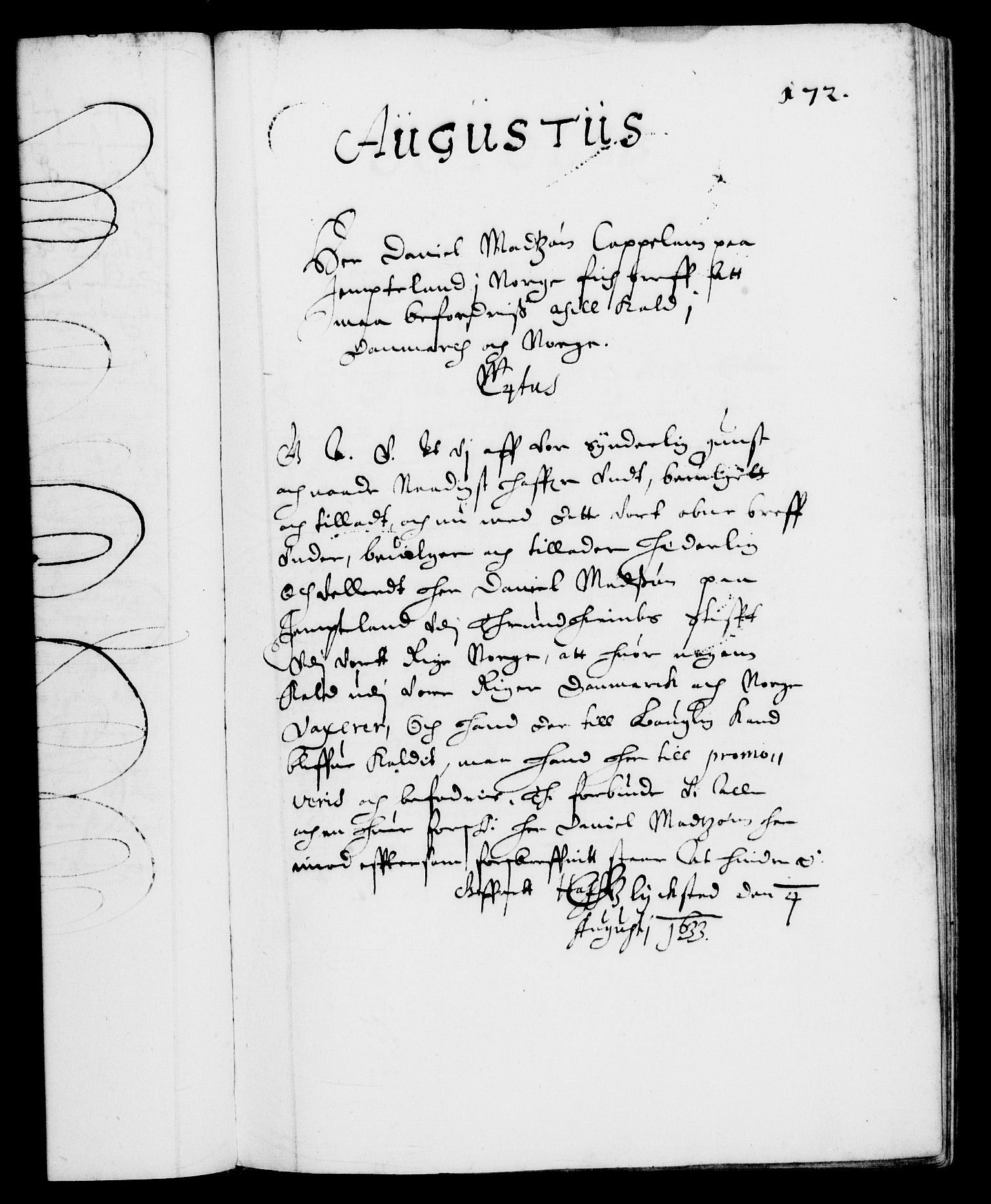 Danske Kanselli 1572-1799, RA/EA-3023/F/Fc/Fca/Fcaa/L0005: Norske registre (mikrofilm), 1631-1636, s. 172a