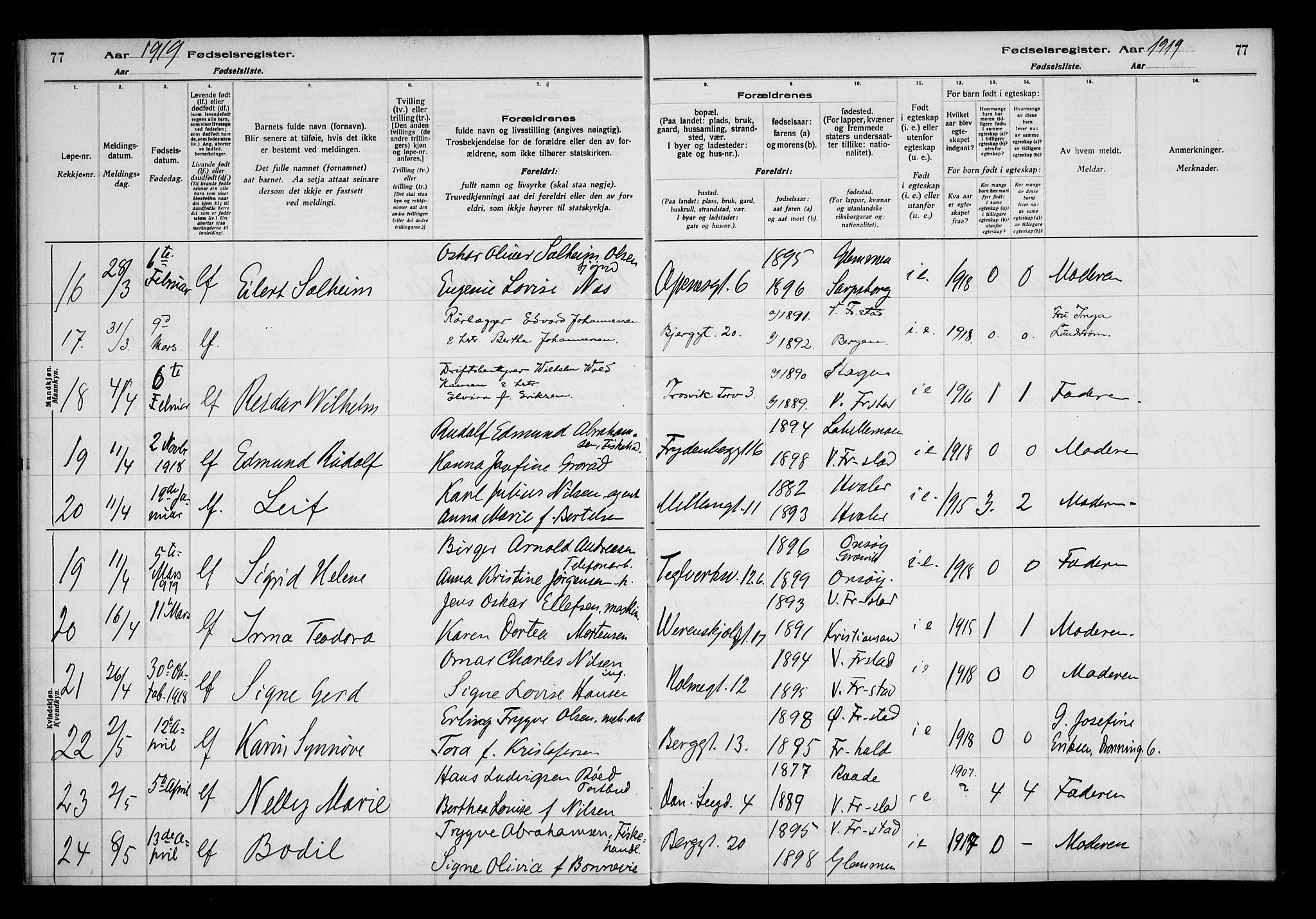 Fredrikstad domkirkes prestekontor Kirkebøker, AV/SAO-A-10906/J/*Ja/L0001: Fødselsregister nr. 1, 1916-1925, s. 77