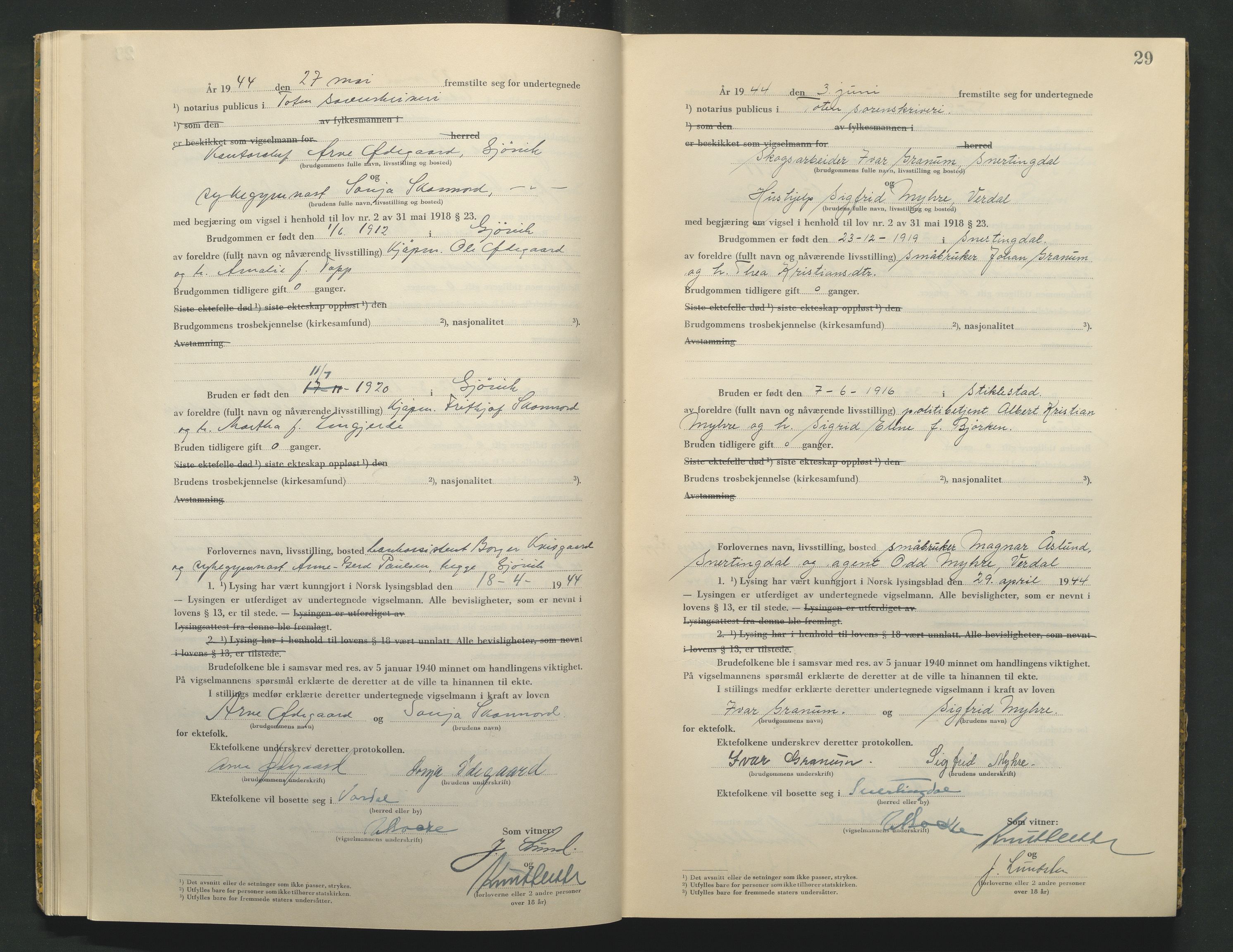 Toten tingrett, AV/SAH-TING-006/L/Lc/L0004: Vigselbok, 1944, s. 29