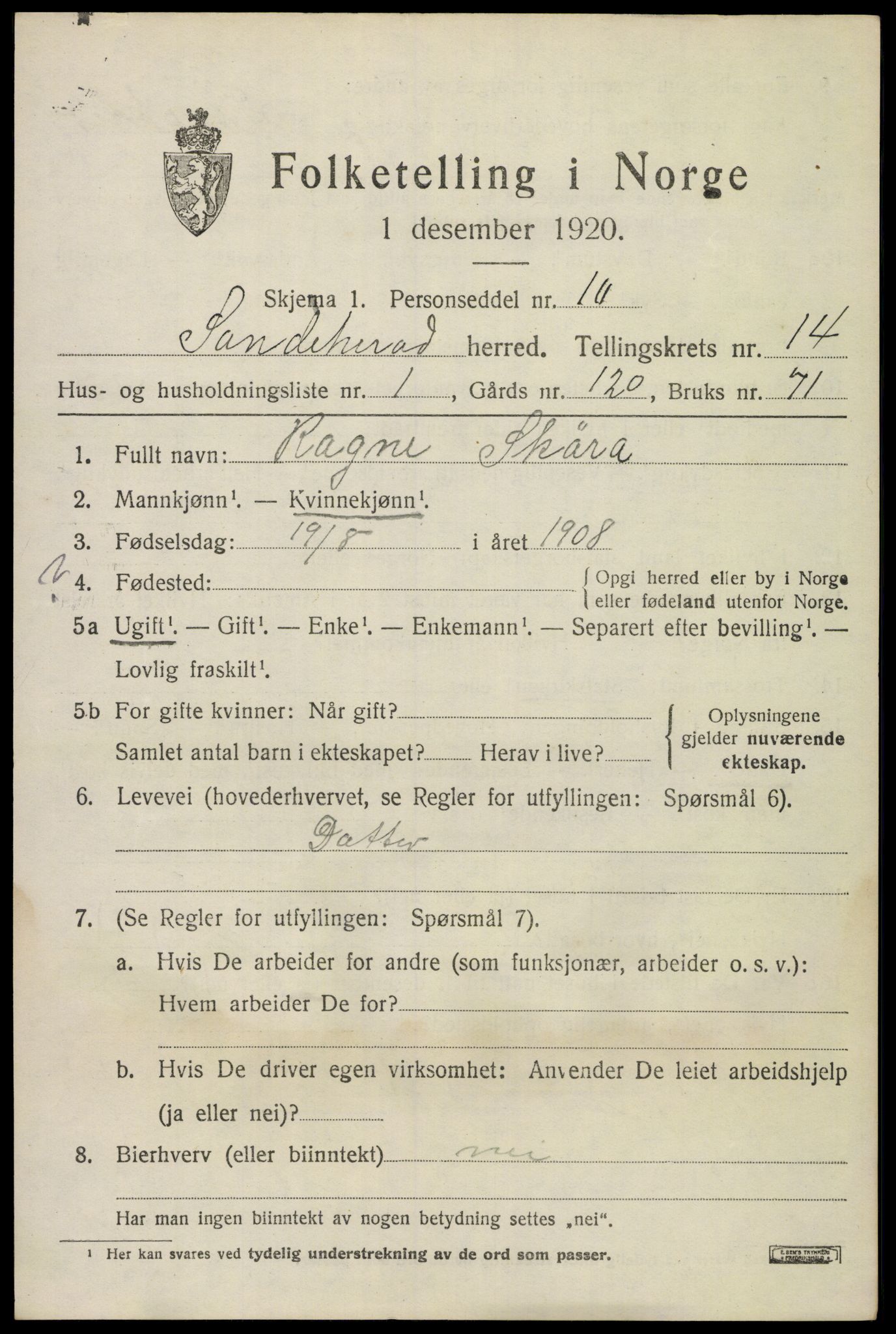 SAKO, Folketelling 1920 for 0724 Sandeherred herred, 1920, s. 20194