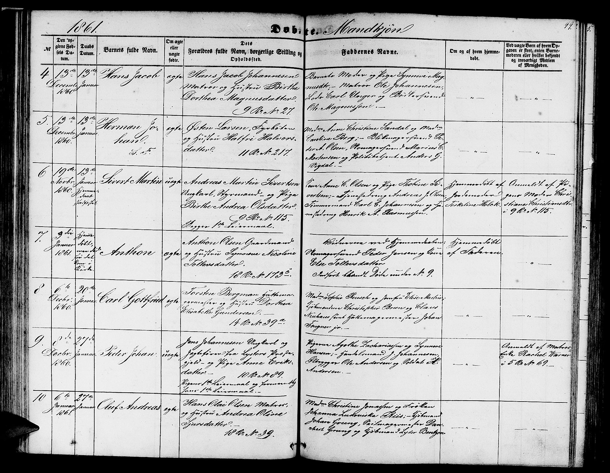 Domkirken sokneprestembete, AV/SAB-A-74801/H/Hab/L0011: Klokkerbok nr. B 4, 1856-1862, s. 99