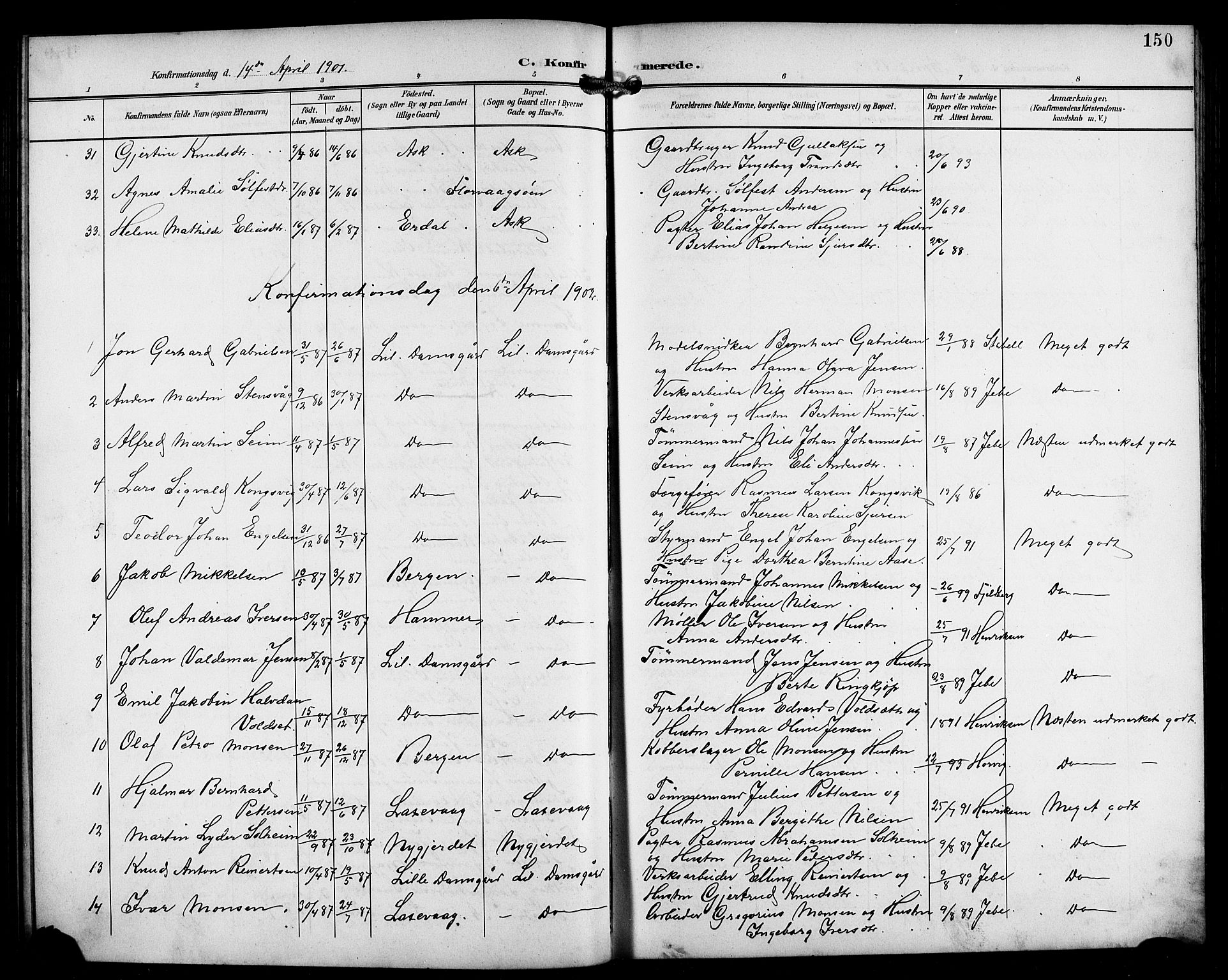 Laksevåg Sokneprestembete, AV/SAB-A-76501/H/Ha/Hab/Haba/L0004: Klokkerbok nr. A 4, 1899-1909, s. 150