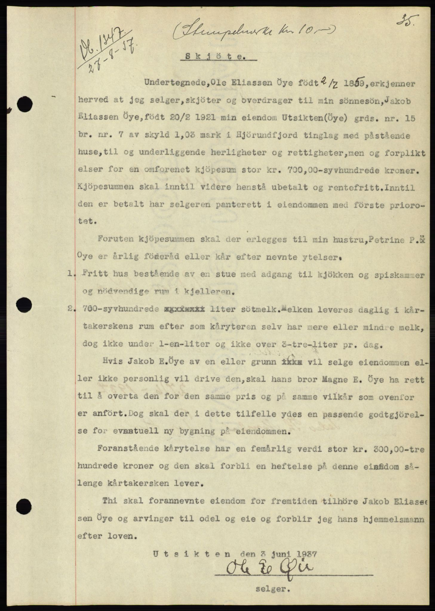 Søre Sunnmøre sorenskriveri, SAT/A-4122/1/2/2C/L0064: Pantebok nr. 58, 1937-1938, Dagboknr: 1347/1937