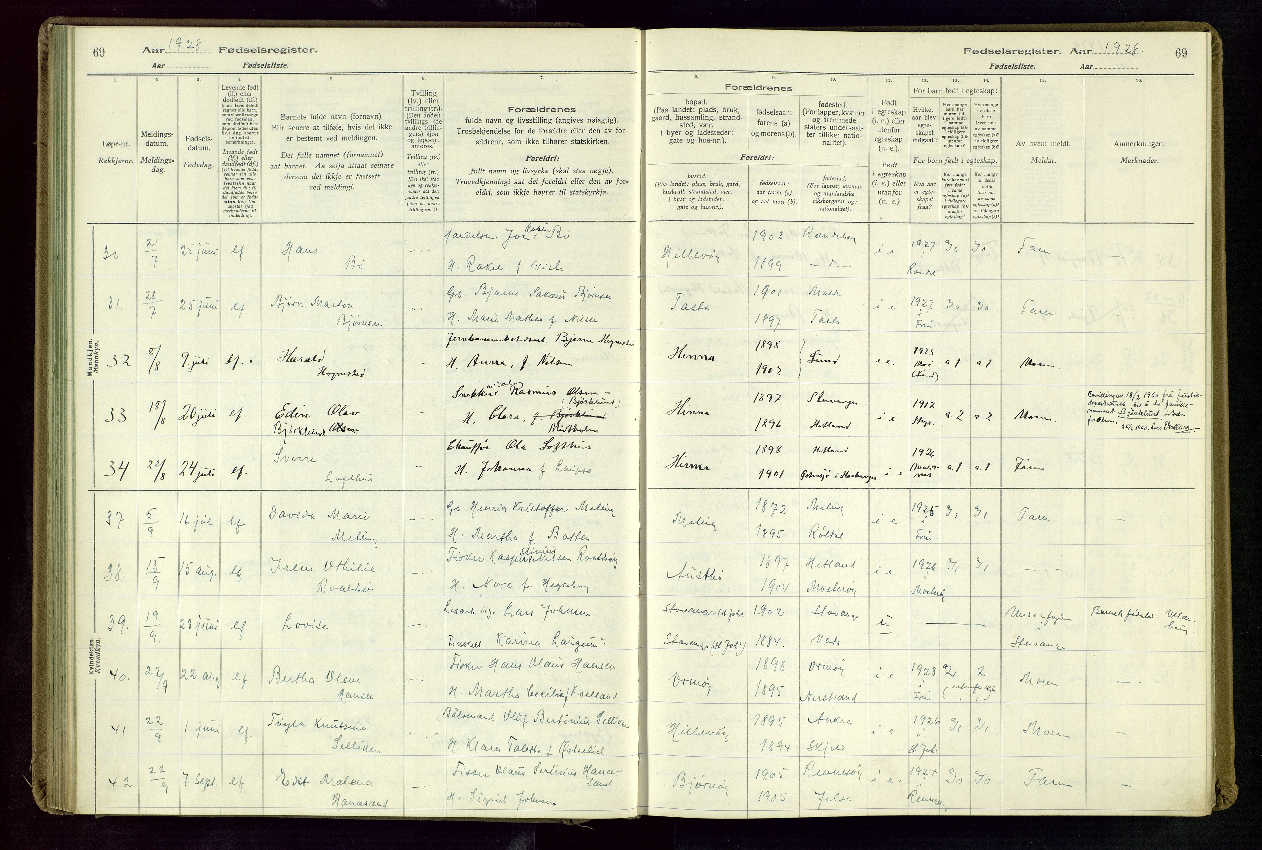 Hetland sokneprestkontor, AV/SAST-A-101826/70/704BA/L0004: Fødselsregister nr. 4, 1923-1937, s. 69