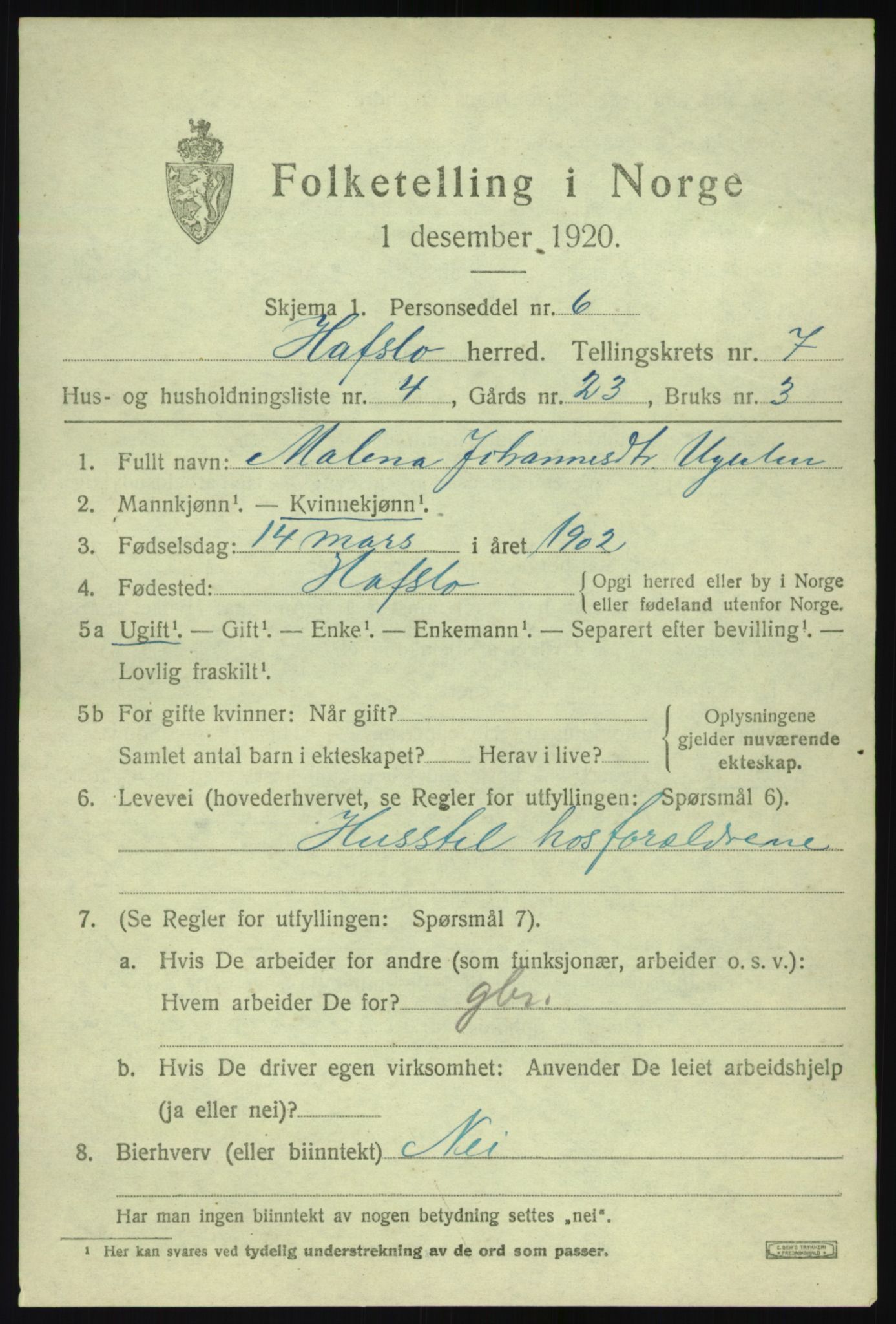 SAB, Folketelling 1920 for 1425 Hafslo herred, 1920, s. 5122