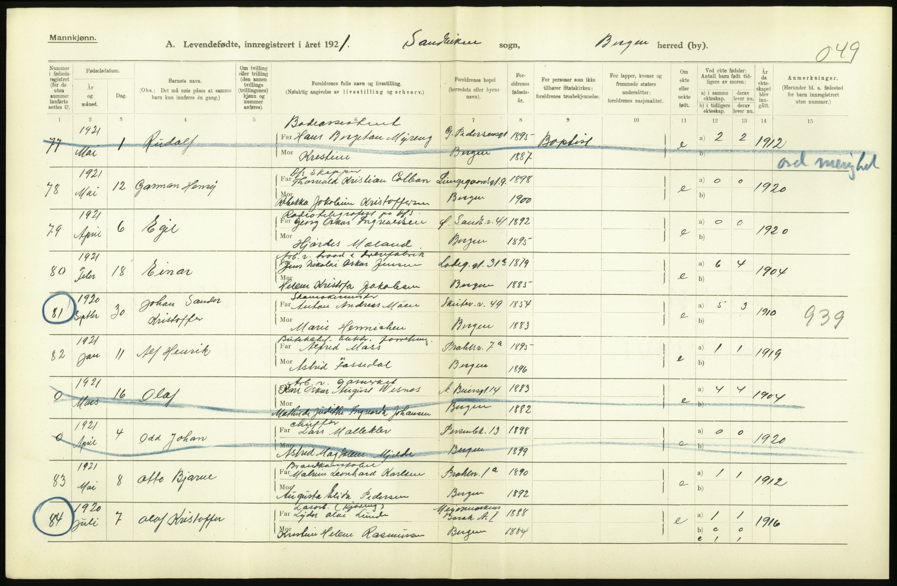 Statistisk sentralbyrå, Sosiodemografiske emner, Befolkning, AV/RA-S-2228/D/Df/Dfc/Dfca/L0034: Bergen: Levendefødte menn og kvinner., 1921, s. 24
