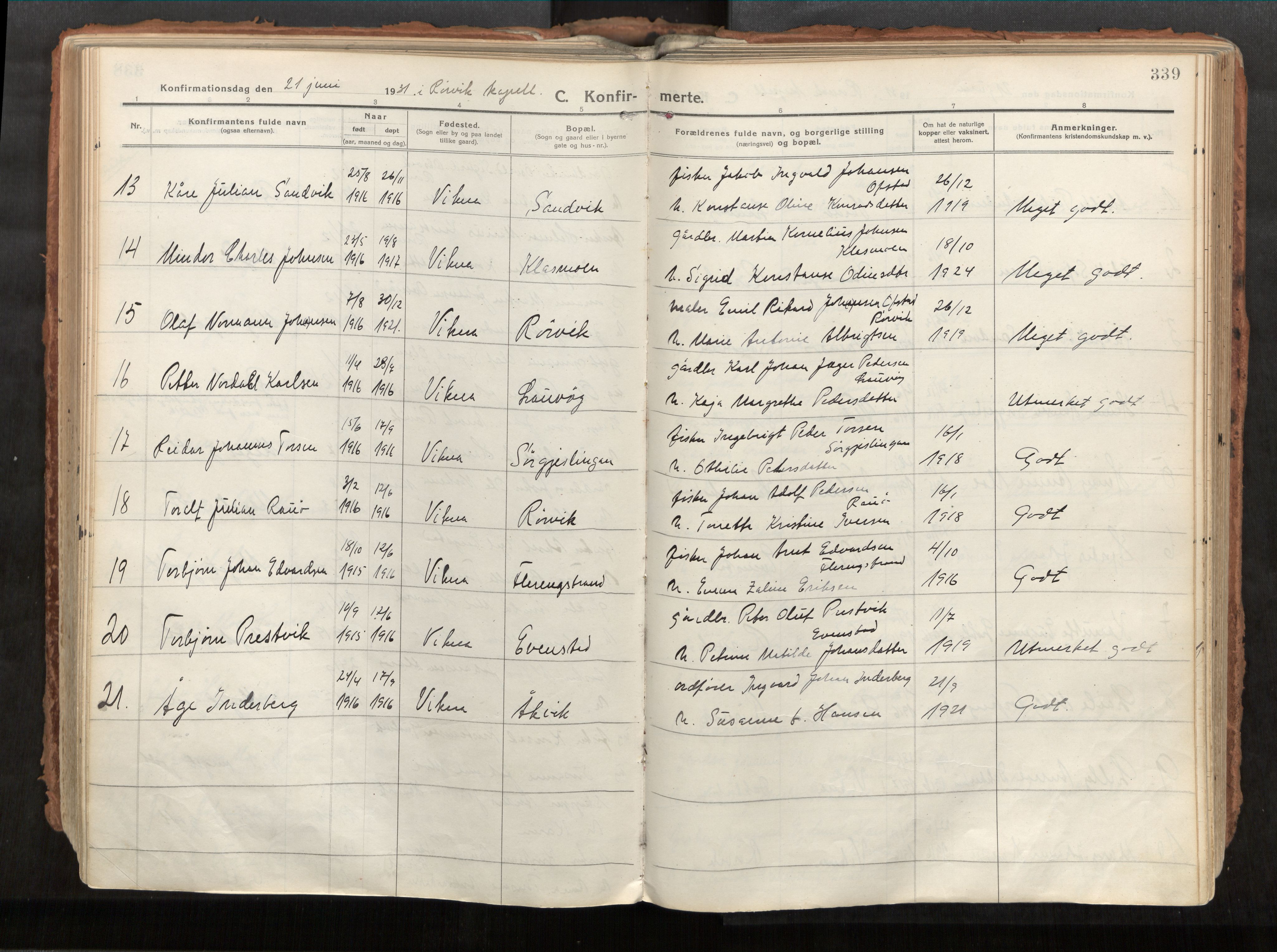 Vikna sokneprestkontor, AV/SAT-A-1173/1/I/I1/I1a/L0001: Ministerialbok nr. 1, 1913-1934, s. 339