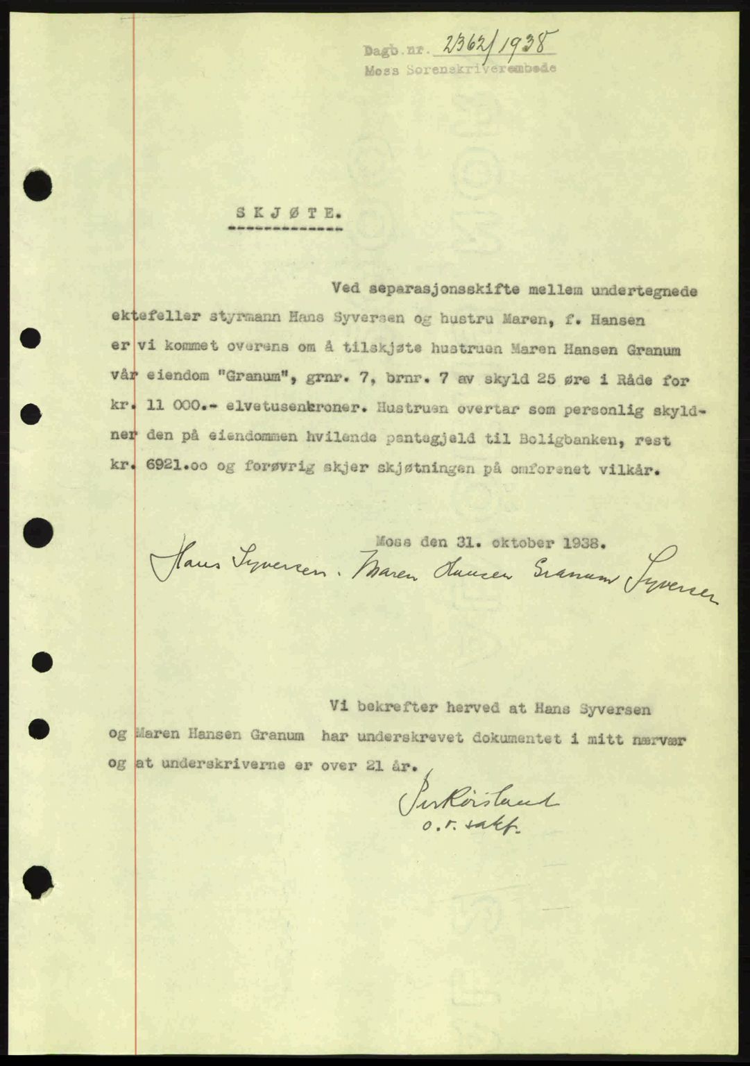 Moss sorenskriveri, SAO/A-10168: Pantebok nr. A5, 1938-1939, Dagboknr: 2362/1938