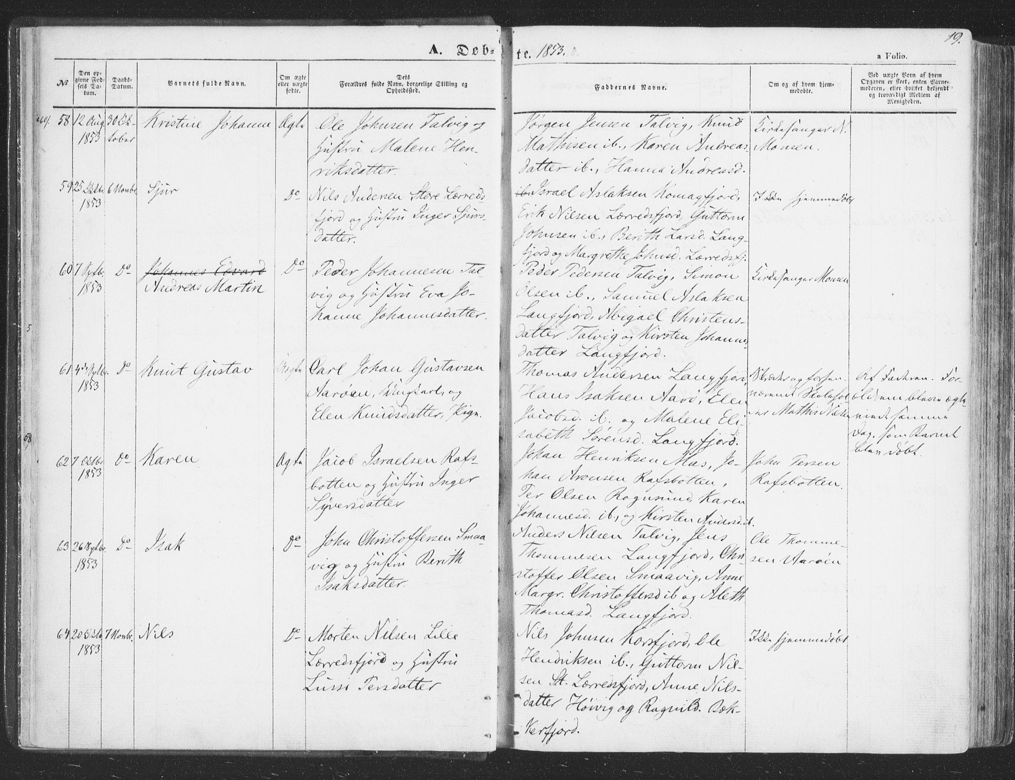 Talvik sokneprestkontor, AV/SATØ-S-1337/H/Ha/L0010kirke: Ministerialbok nr. 10, 1852-1864, s. 19