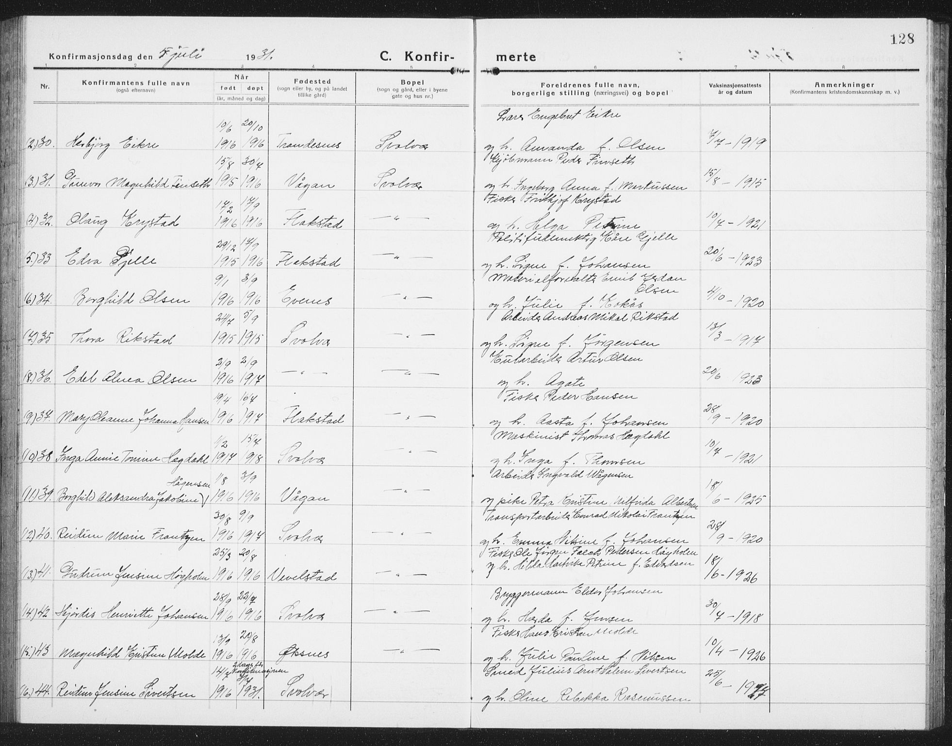 Ministerialprotokoller, klokkerbøker og fødselsregistre - Nordland, AV/SAT-A-1459/877/L1117: Klokkerbok nr. 877C01, 1923-1942, s. 128