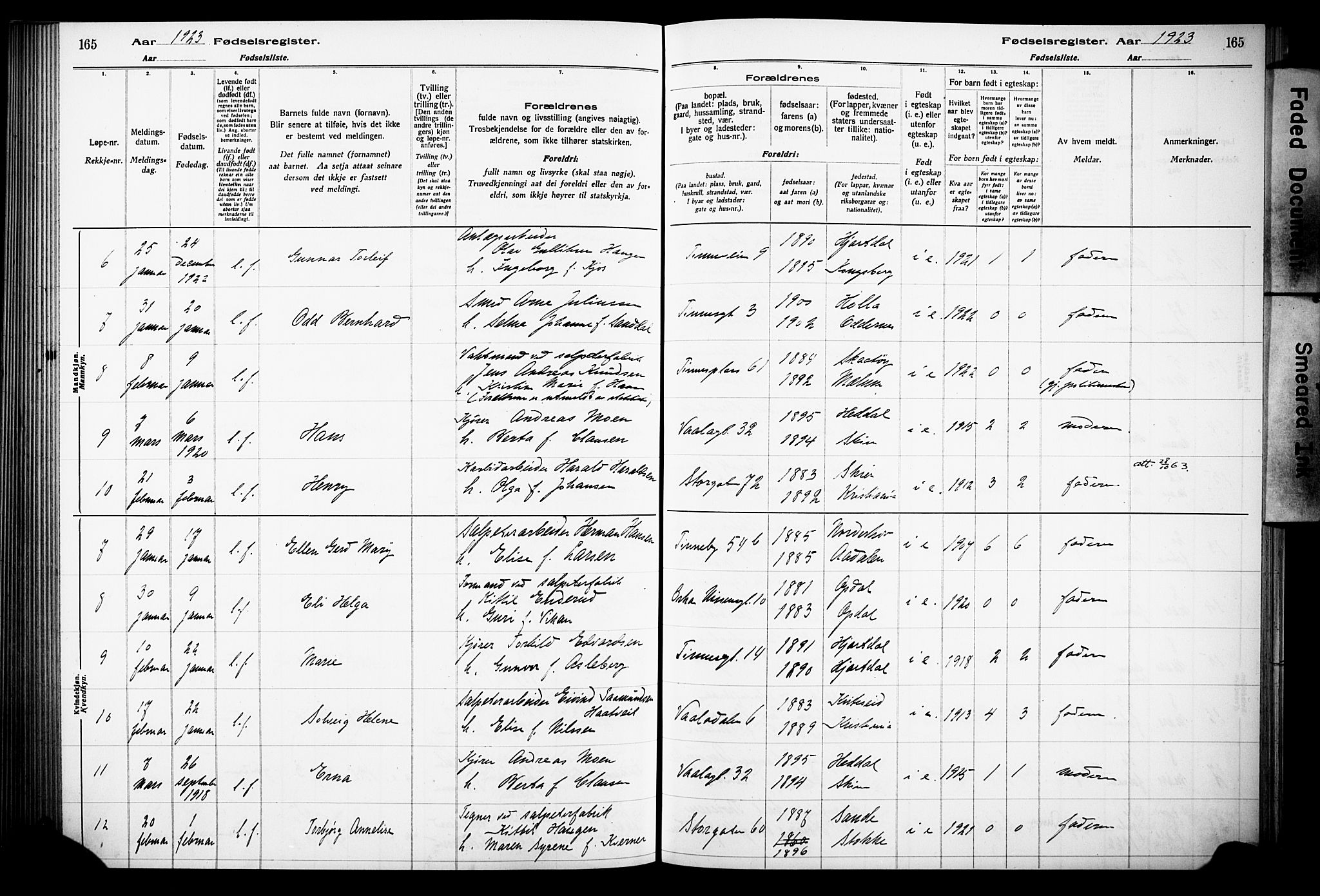 Notodden kirkebøker, AV/SAKO-A-290/J/Ja/L0001: Fødselsregister nr. 1, 1916-1924, s. 165