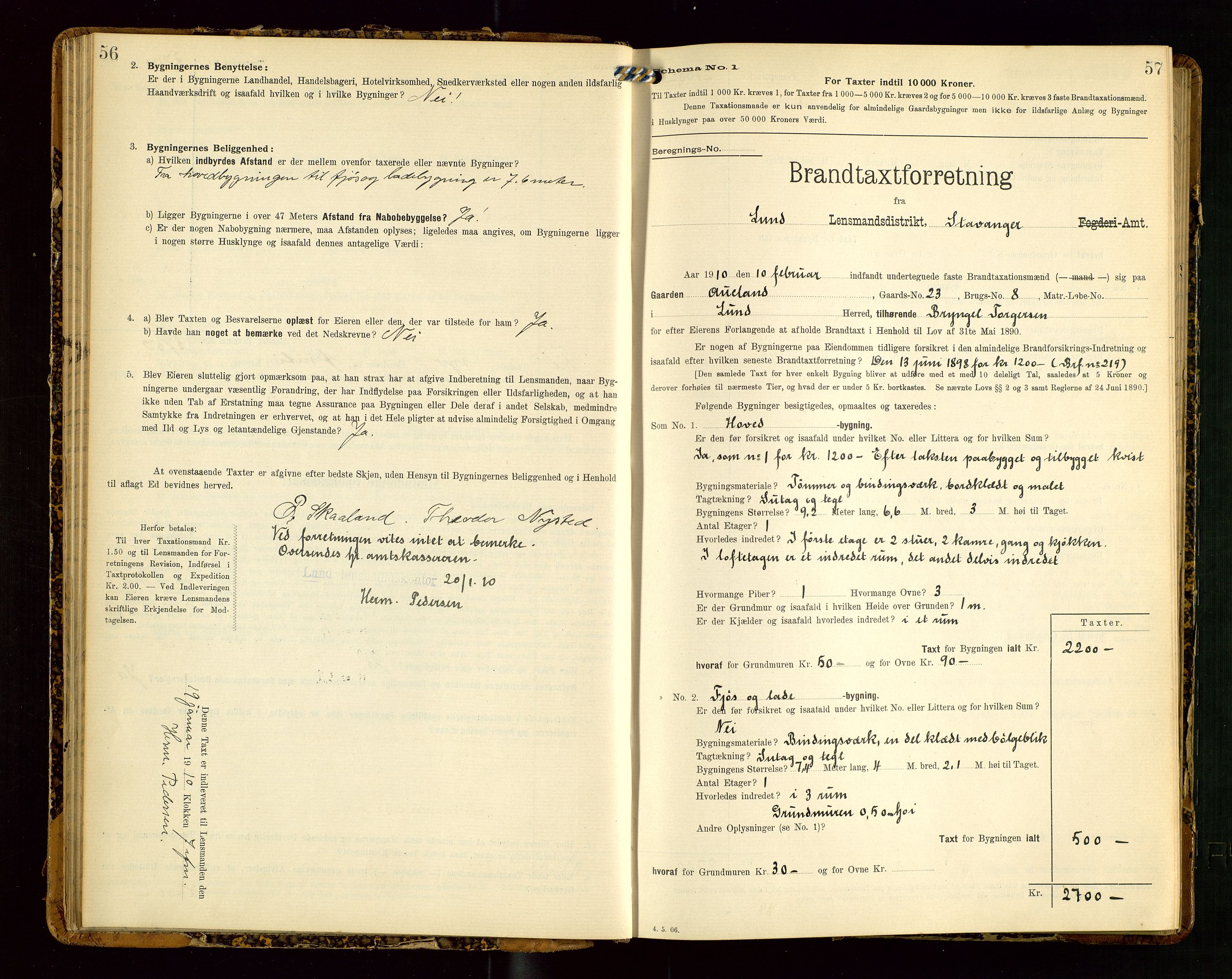 Lund lensmannskontor, SAST/A-100303/Gob/L0002: "Brandtakstprotokol", 1908-1918, s. 56-57