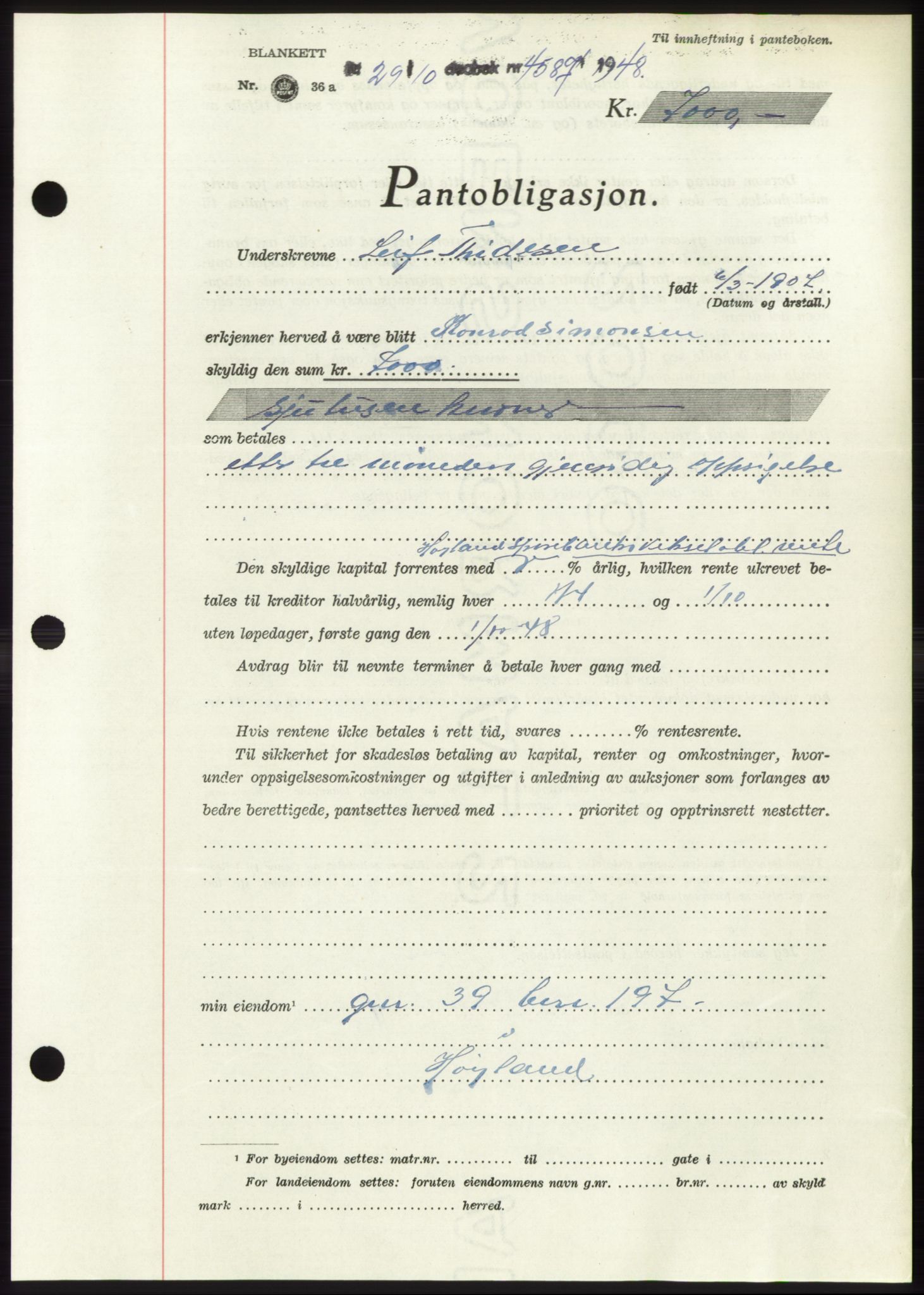 Jæren sorenskriveri, SAST/A-100310/03/G/Gba/L0100: Pantebok, 1948-1948, Dagboknr: 4587/1948