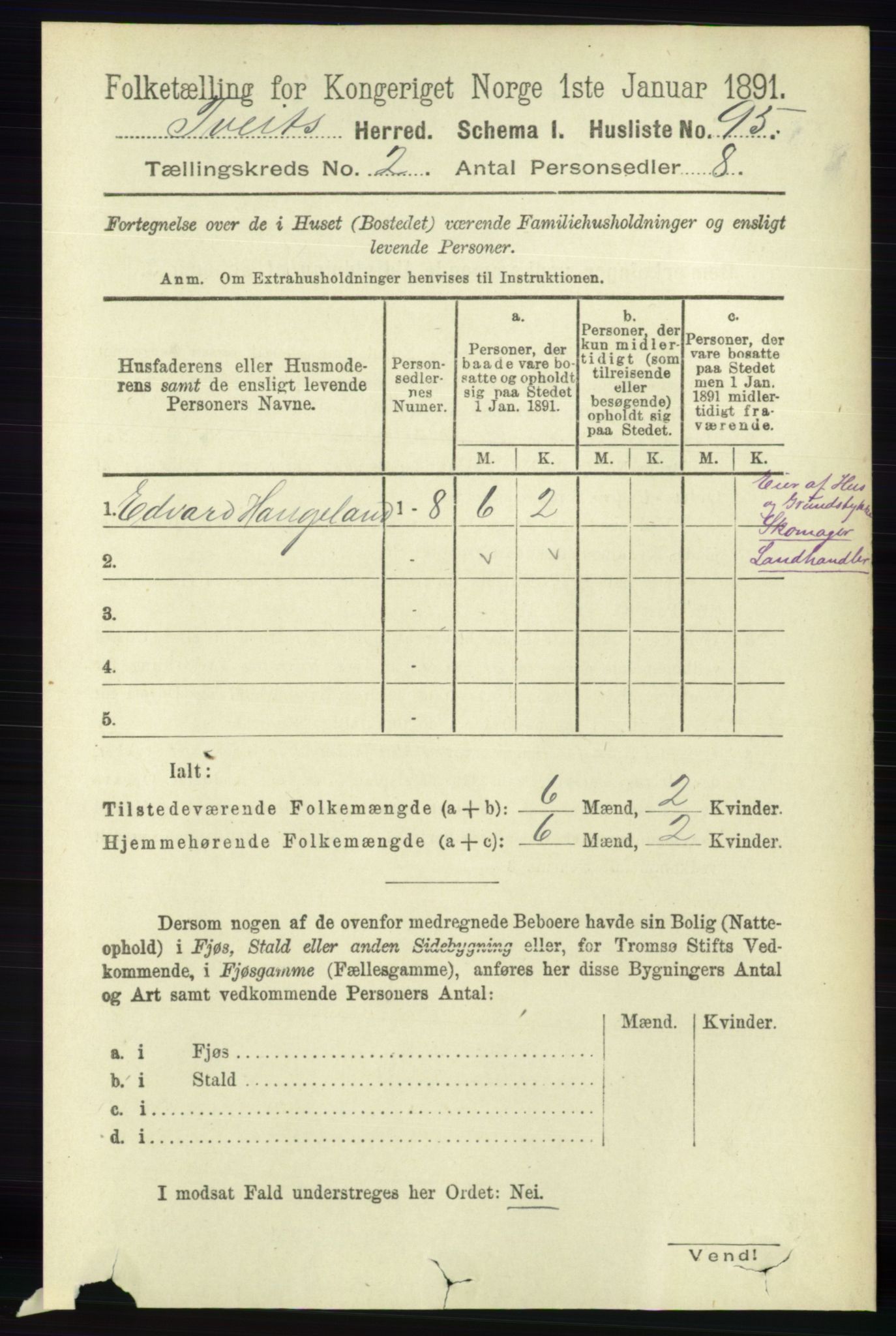 RA, Folketelling 1891 for 1013 Tveit herred, 1891, s. 513