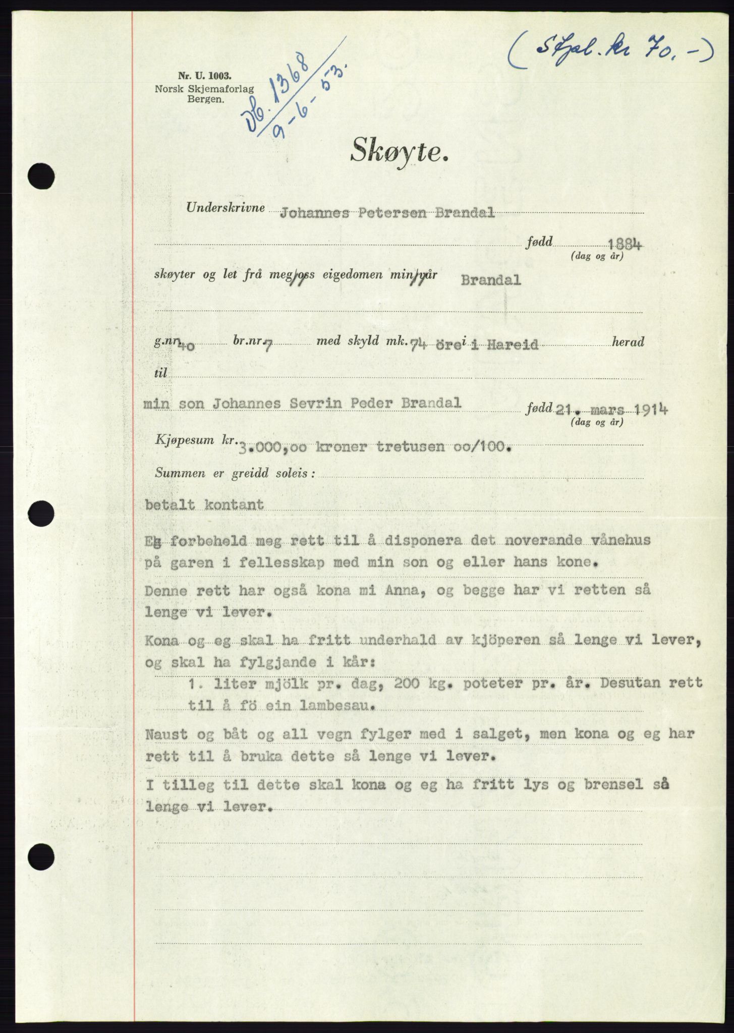 Søre Sunnmøre sorenskriveri, AV/SAT-A-4122/1/2/2C/L0095: Pantebok nr. 21A, 1953-1953, Dagboknr: 1368/1953