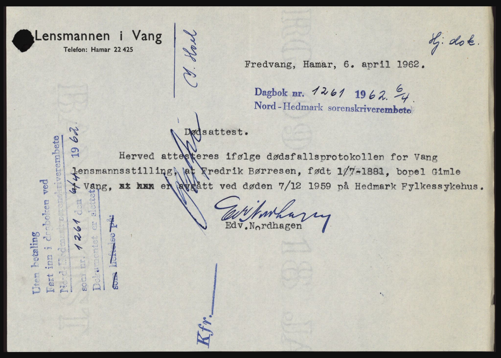 Nord-Hedmark sorenskriveri, SAH/TING-012/H/Hc/L0016: Pantebok nr. 16, 1962-1962, Dagboknr: 1261/1962