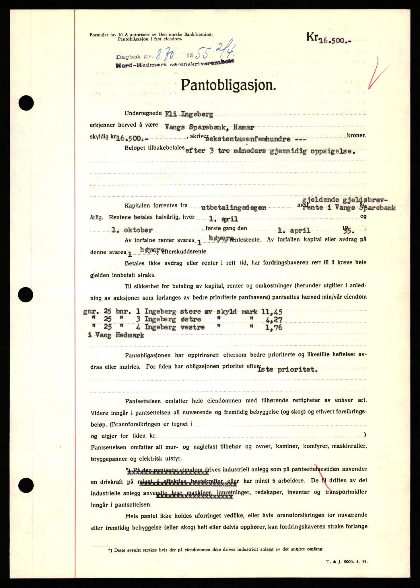 Nord-Hedmark sorenskriveri, SAH/TING-012/H/Hb/Hbf/L0032: Pantebok nr. B32, 1955-1955, Dagboknr: 870/1952
