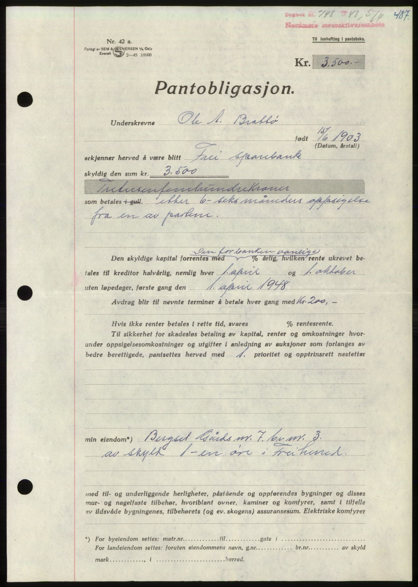 Nordmøre sorenskriveri, SAT/A-4132/1/2/2Ca: Pantebok nr. B98, 1948-1948, Dagboknr: 748/1948