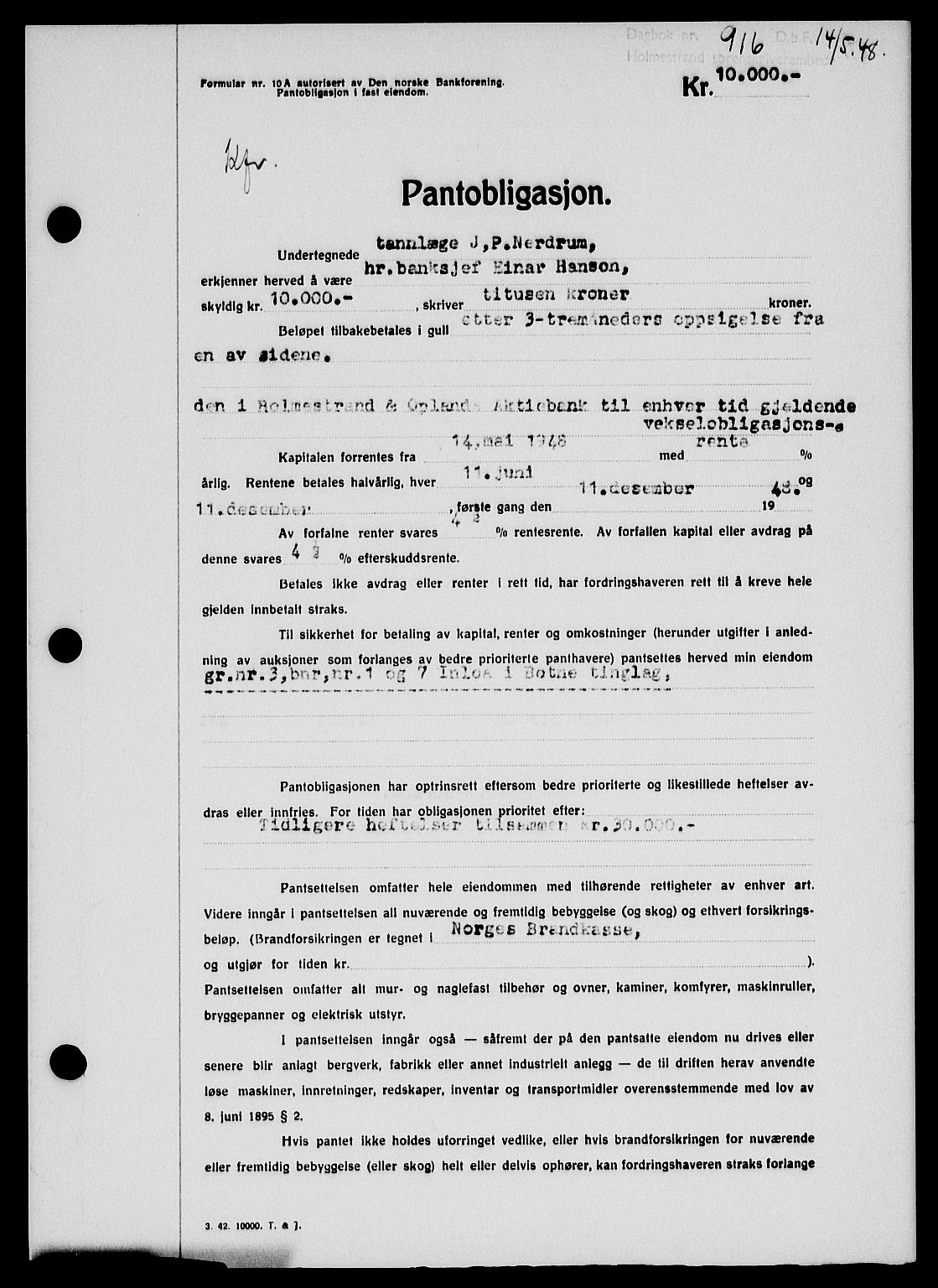 Holmestrand sorenskriveri, SAKO/A-67/G/Ga/Gab/L0058: Pantebok nr. B-58, 1947-1948, Dagboknr: 916/1948