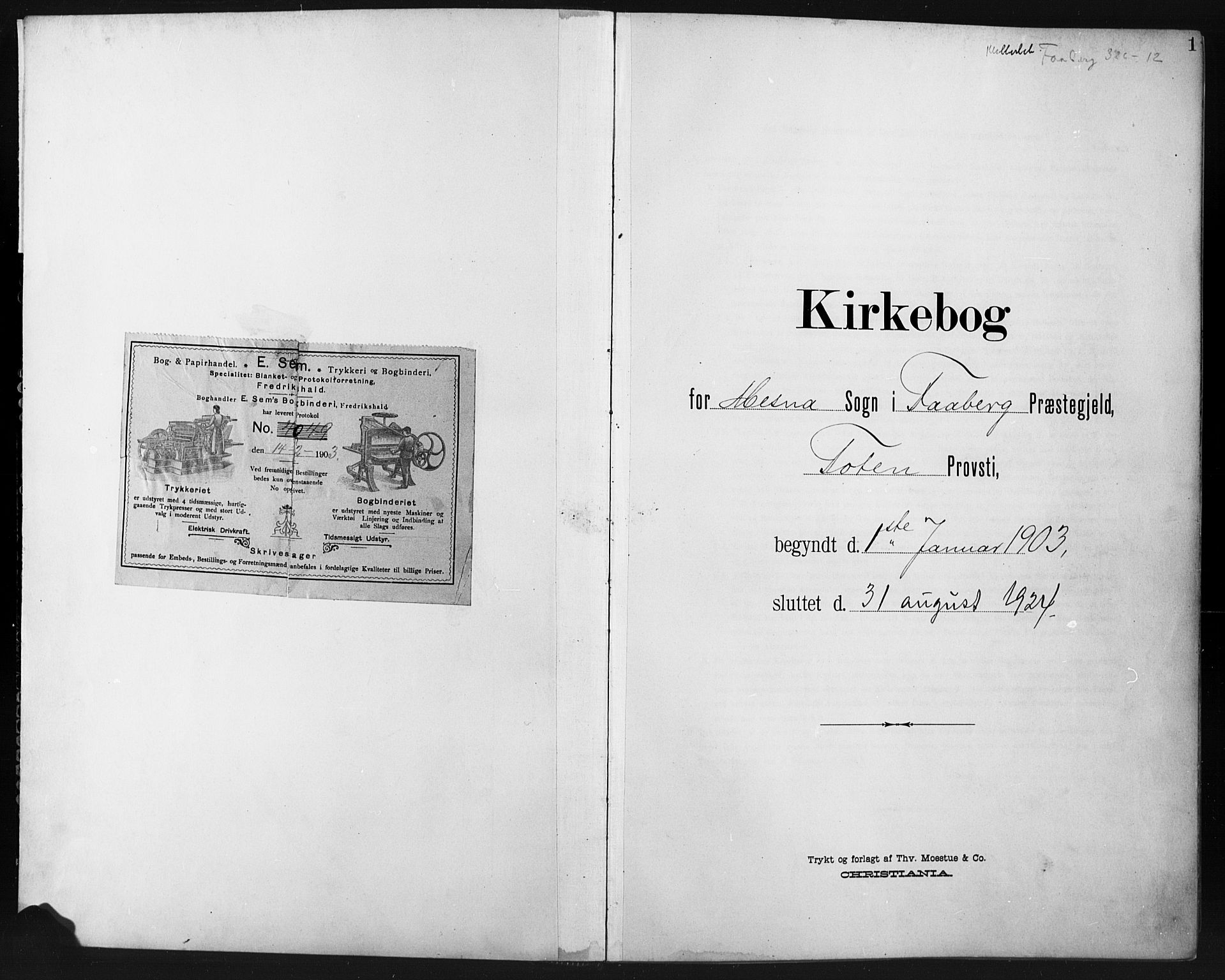 Fåberg prestekontor, AV/SAH-PREST-086/H/Ha/Hab/L0012: Klokkerbok nr. 12, 1903-1924, s. 1