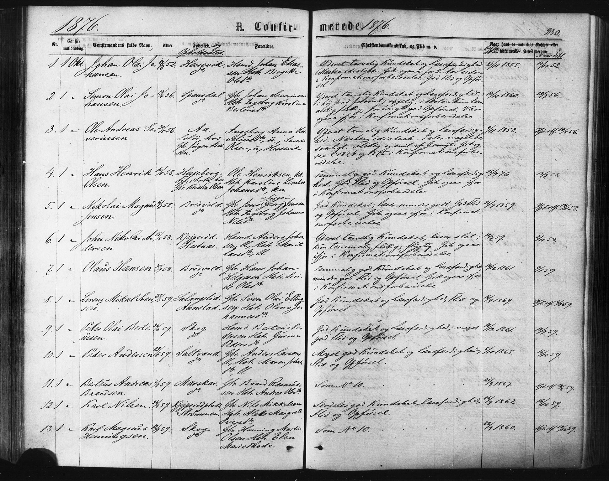 Ibestad sokneprestembete, AV/SATØ-S-0077/H/Ha/Haa/L0010kirke: Ministerialbok nr. 10, 1869-1879, s. 230