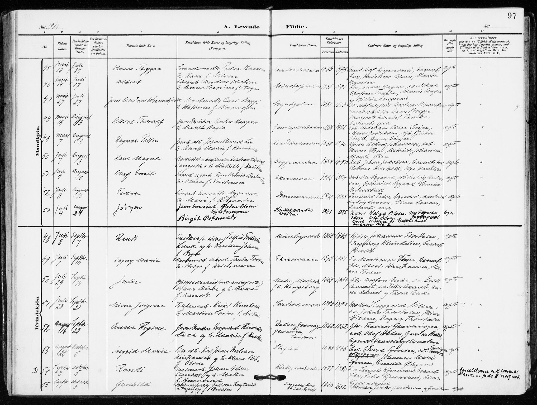 Kongsberg kirkebøker, AV/SAKO-A-22/F/Fb/L0004: Ministerialbok nr. II 4, 1906-1918, s. 97