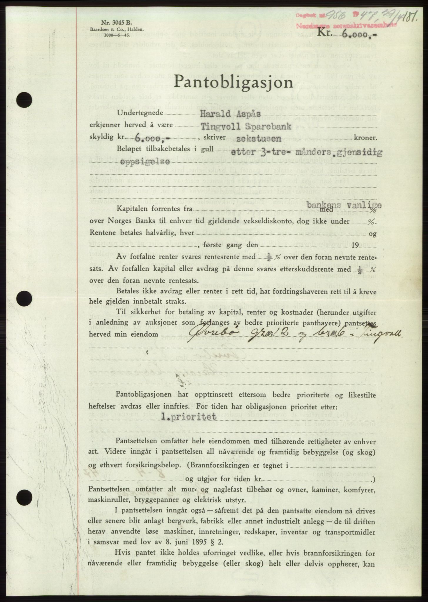 Nordmøre sorenskriveri, SAT/A-4132/1/2/2Ca: Pantebok nr. B96, 1947-1947, Dagboknr: 956/1947