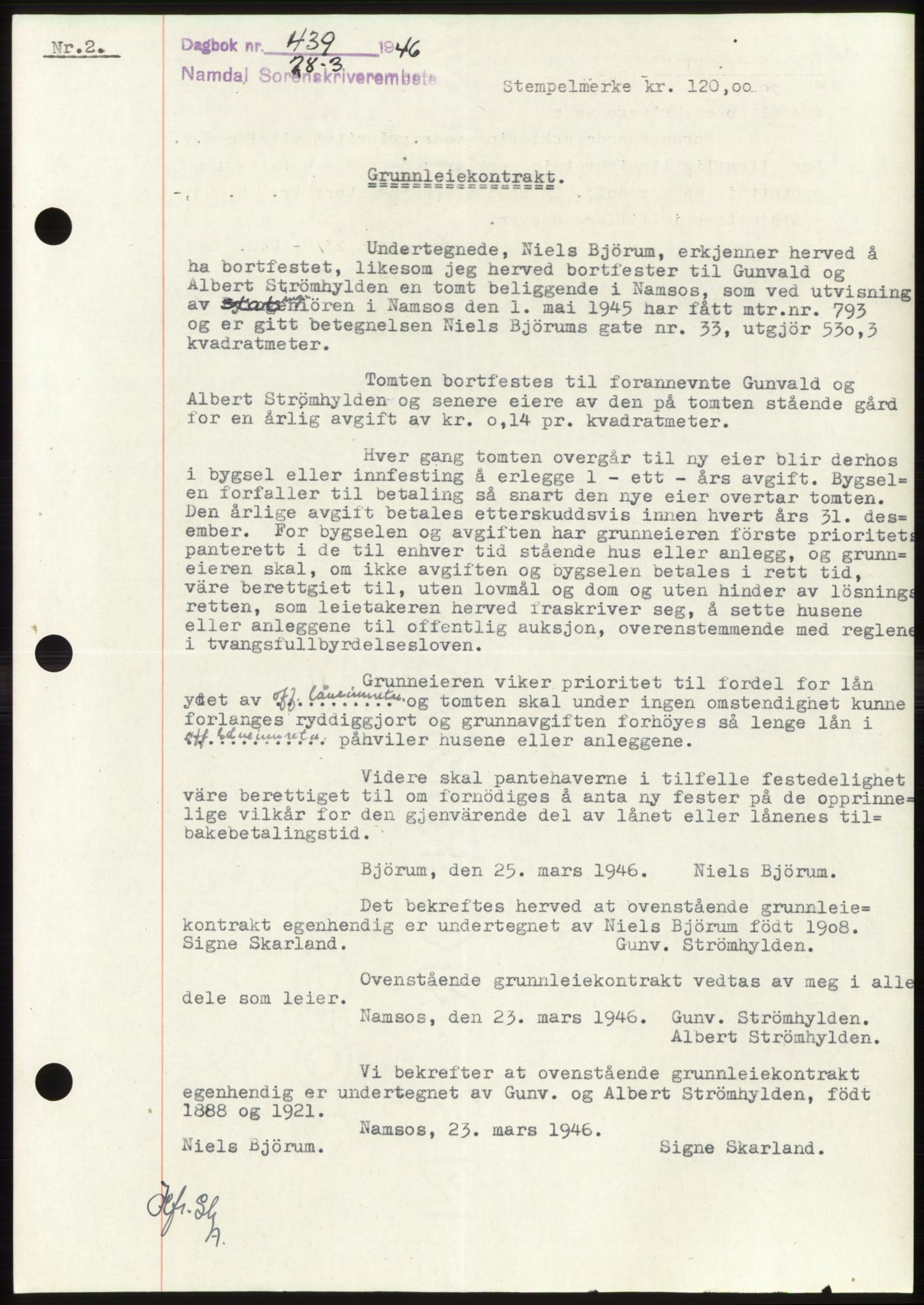 Namdal sorenskriveri, SAT/A-4133/1/2/2C: Pantebok nr. -, 1946-1946, Dagboknr: 439/1946