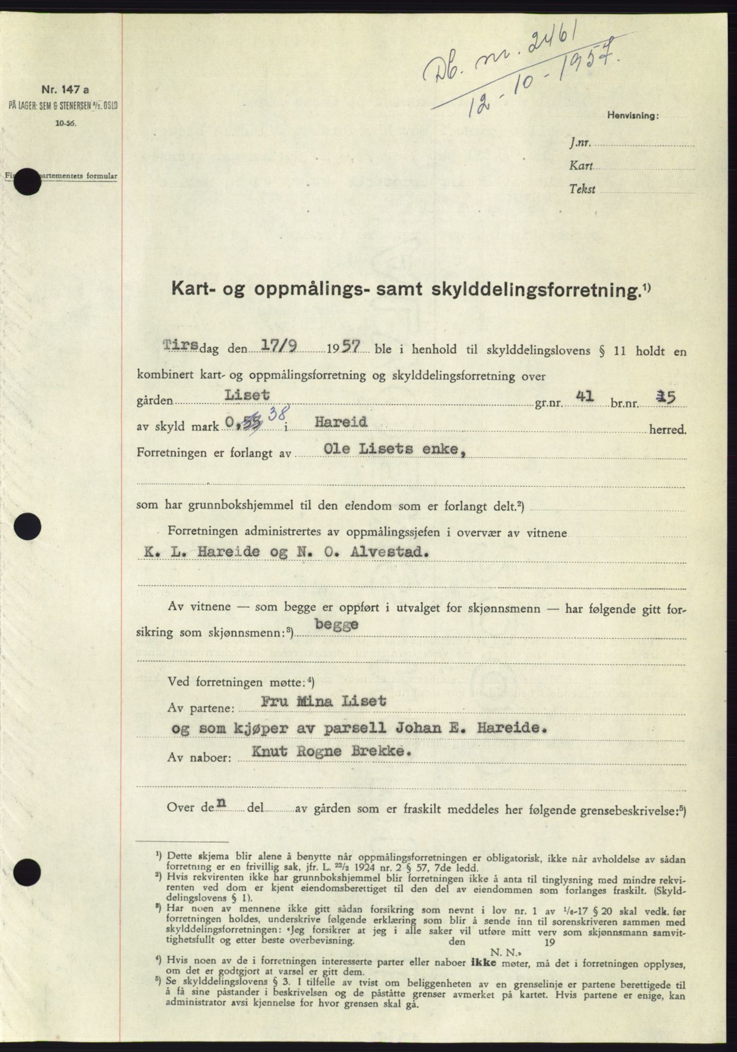 Søre Sunnmøre sorenskriveri, SAT/A-4122/1/2/2C/L0107: Pantebok nr. 33A, 1957-1957, Dagboknr: 2461/1957
