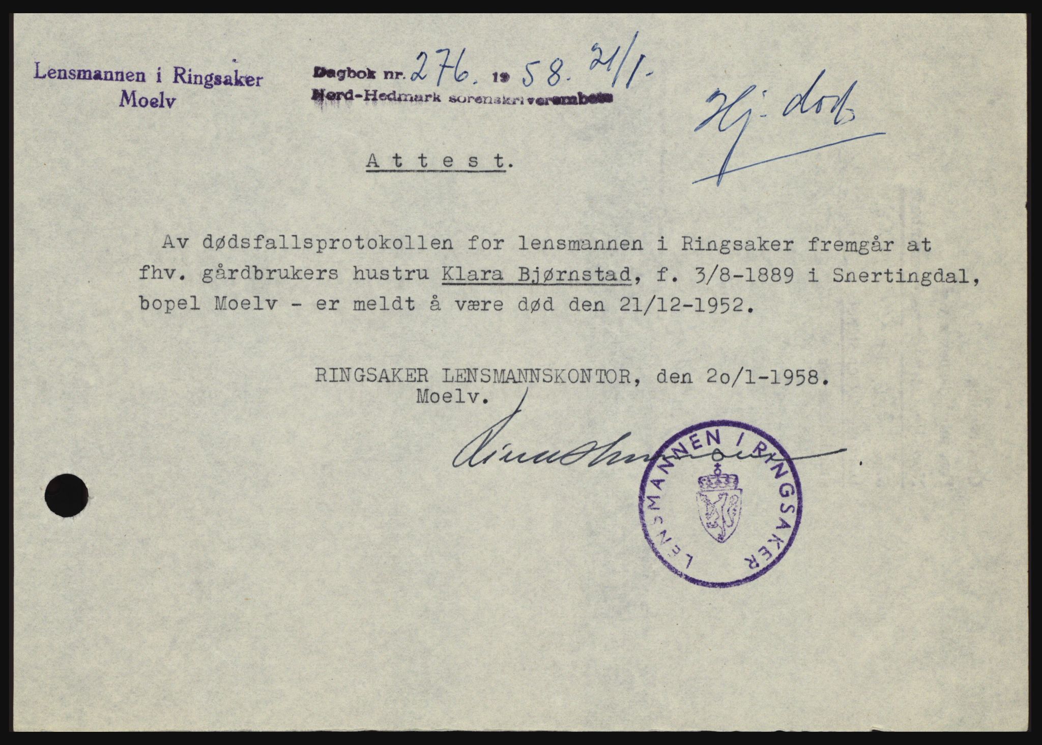 Nord-Hedmark sorenskriveri, SAH/TING-012/H/Hc/L0012: Pantebok nr. 12, 1957-1958, Dagboknr: 276/1958