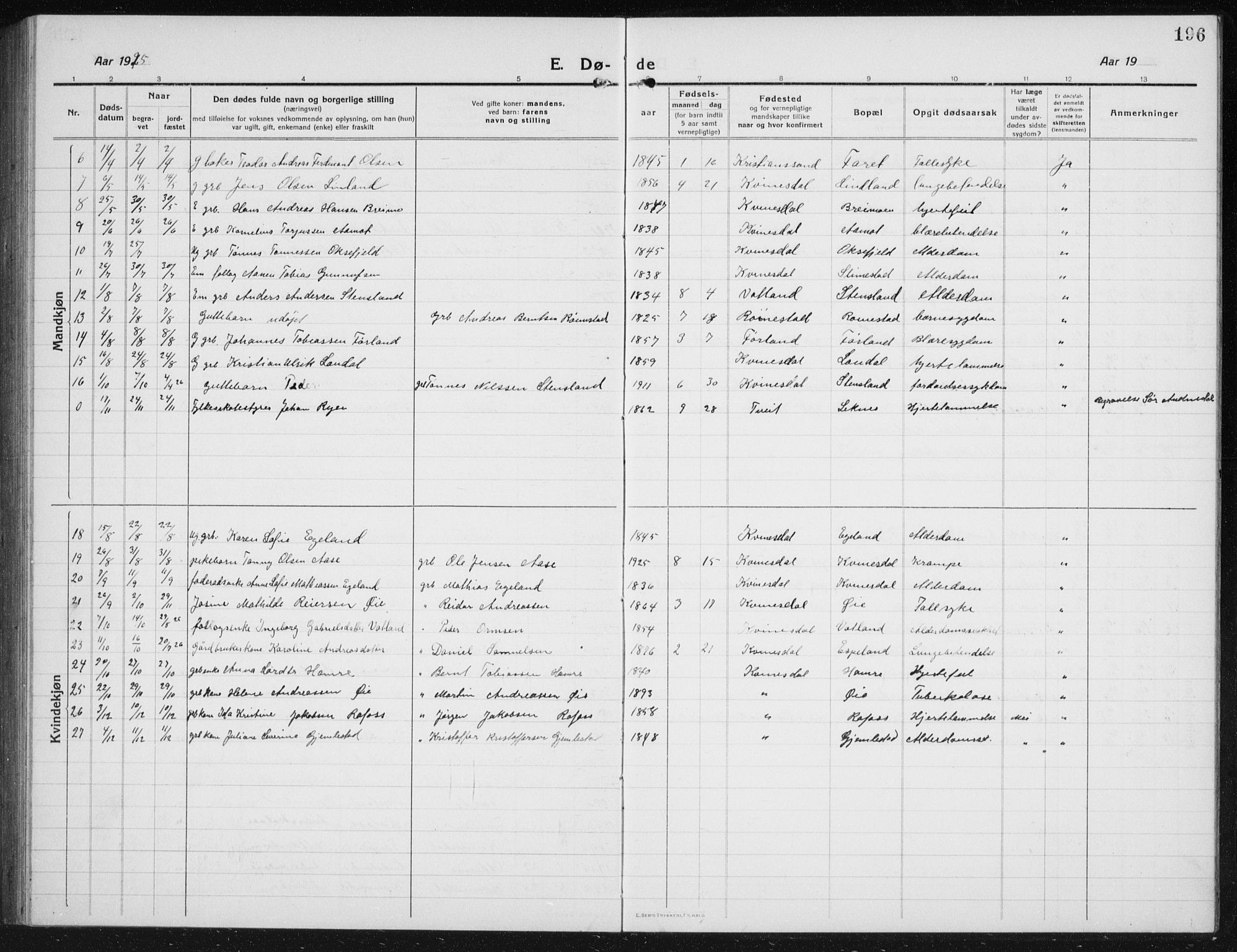 Kvinesdal sokneprestkontor, SAK/1111-0026/F/Fb/Fbb/L0004: Klokkerbok nr. B 4, 1917-1938, s. 196