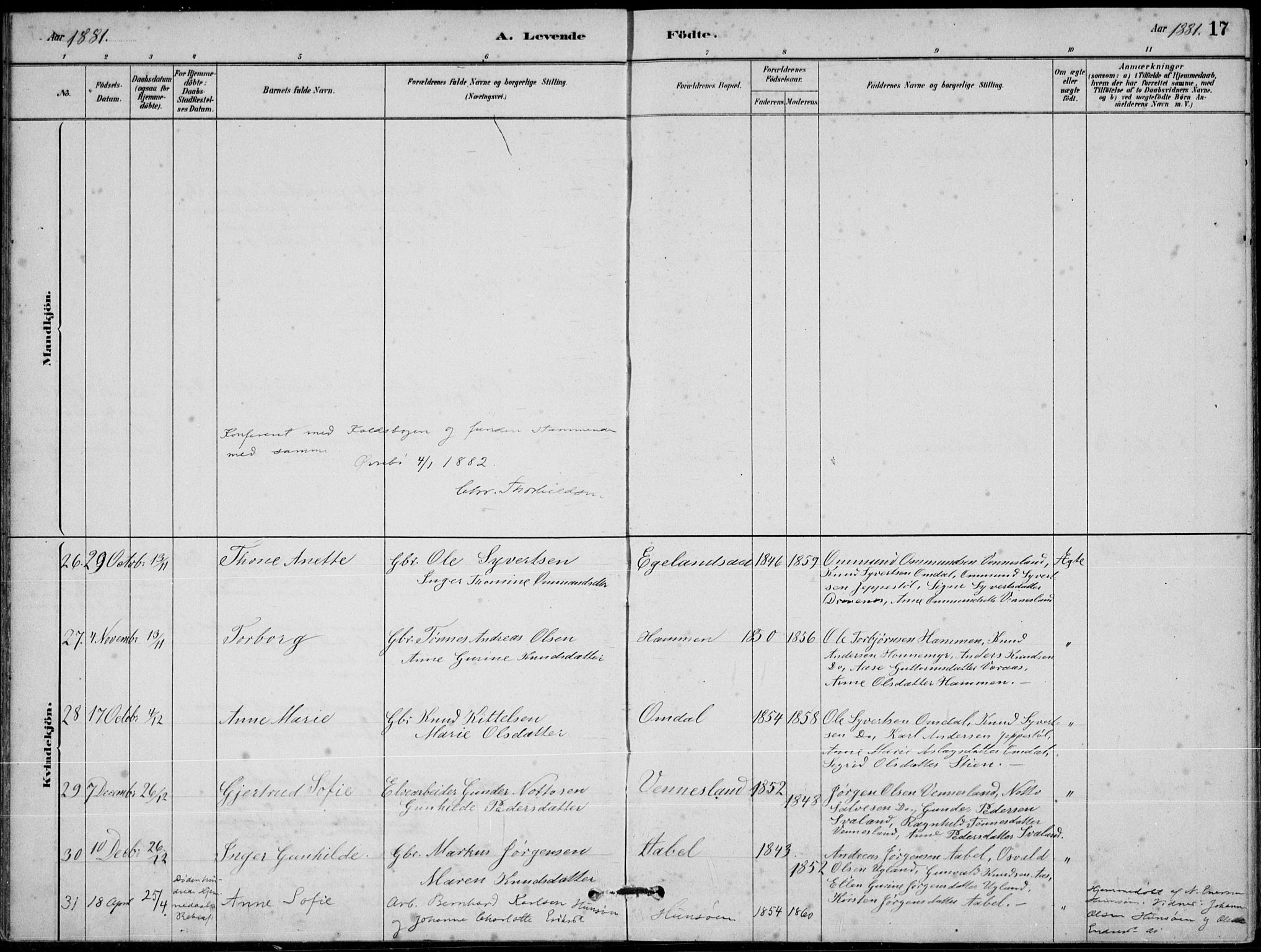 Vennesla sokneprestkontor, AV/SAK-1111-0045/Fb/Fbb/L0003: Klokkerbok nr. B 3, 1879-1893, s. 17