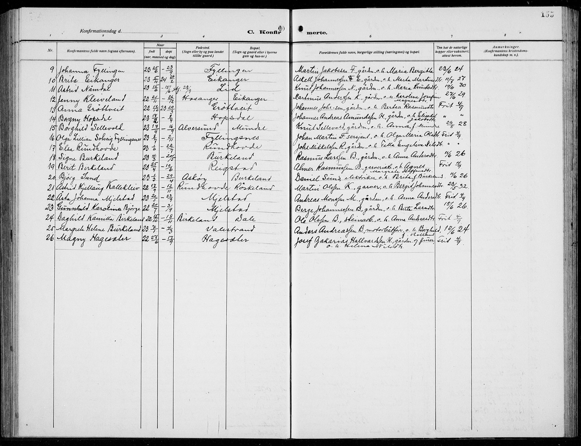 Hamre sokneprestembete, AV/SAB-A-75501/H/Ha/Hab: Klokkerbok nr. B 5, 1920-1940, s. 155