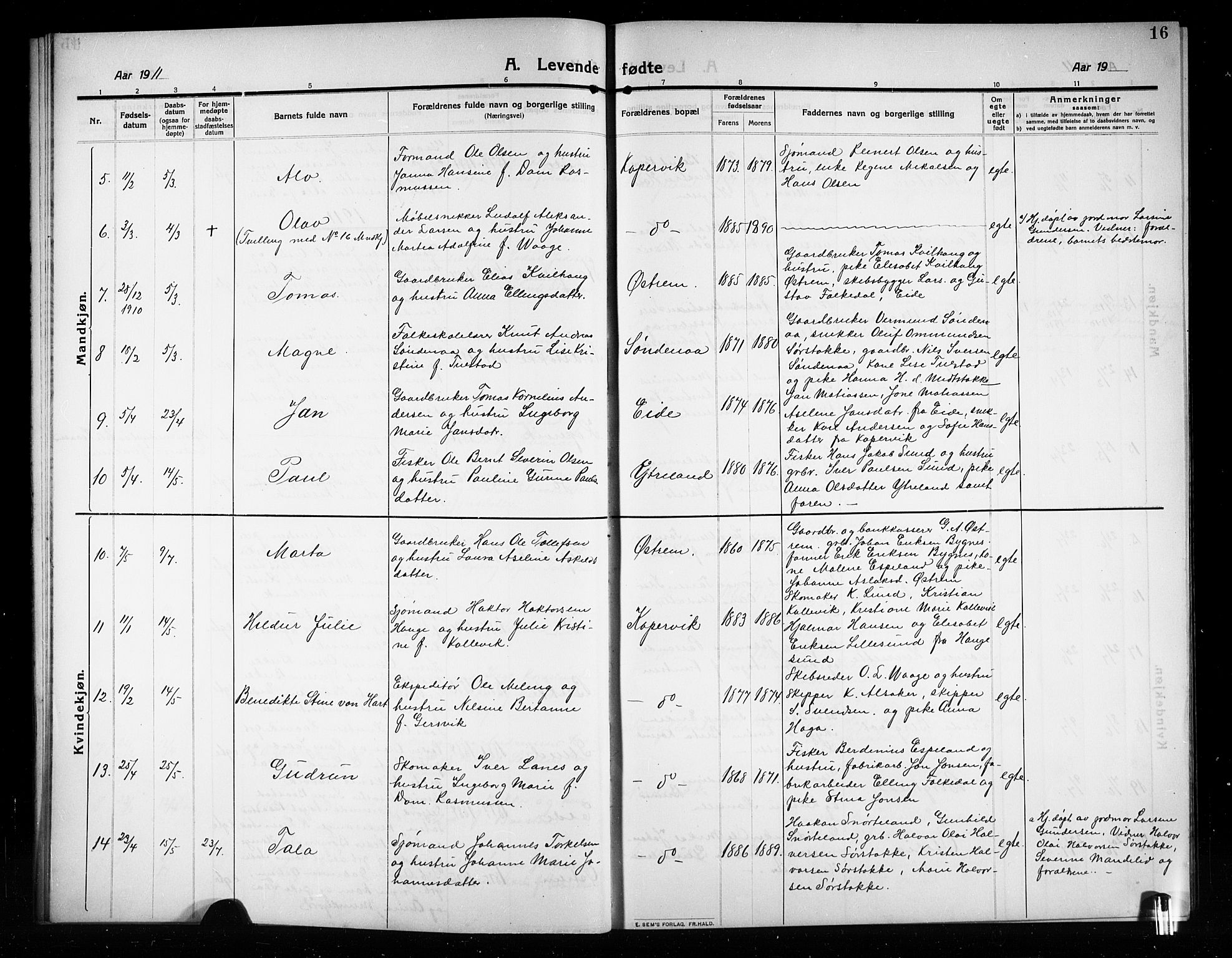 Kopervik sokneprestkontor, AV/SAST-A-101850/H/Ha/Hab/L0005: Klokkerbok nr. B 5, 1909-1918, s. 16