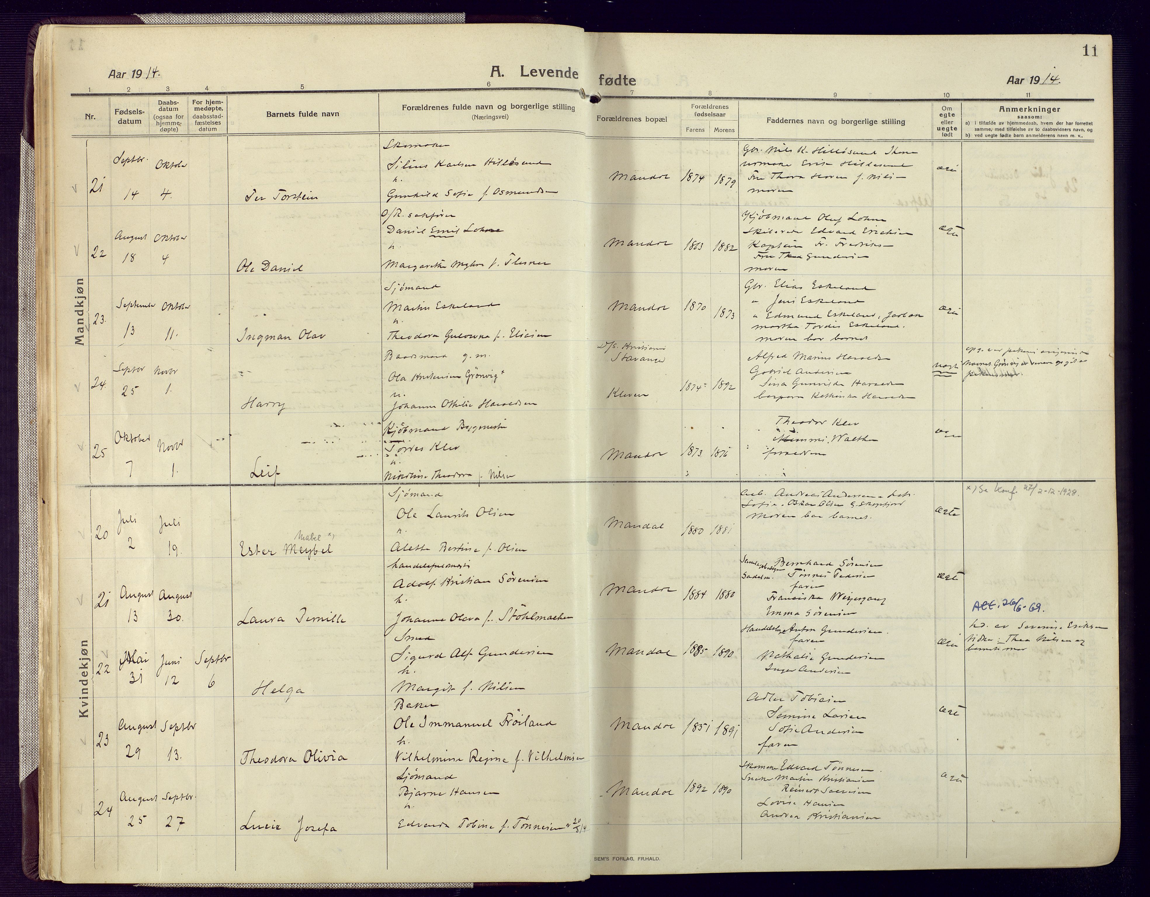 Mandal sokneprestkontor, AV/SAK-1111-0030/F/Fa/Fac/L0001: Ministerialbok nr. A 1, 1913-1925, s. 11