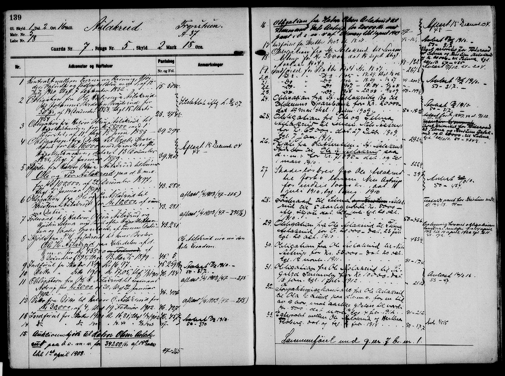 Solør tingrett, AV/SAH-TING-008/H/Ha/Hak/L0001: Panteregister nr. I, 1900-1935, s. 139