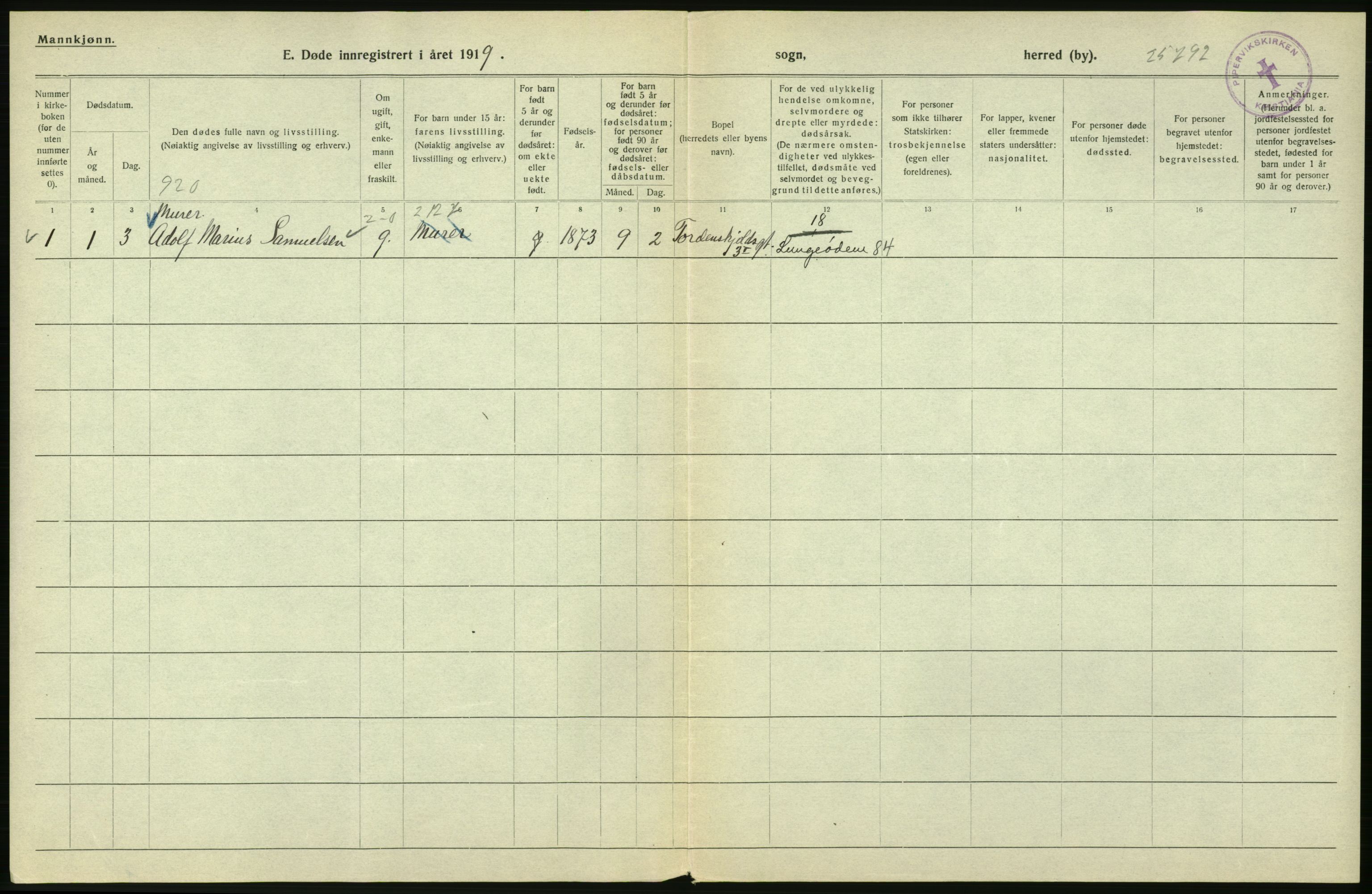 Statistisk sentralbyrå, Sosiodemografiske emner, Befolkning, RA/S-2228/D/Df/Dfb/Dfbi/L0010: Kristiania: Døde, 1919, s. 528