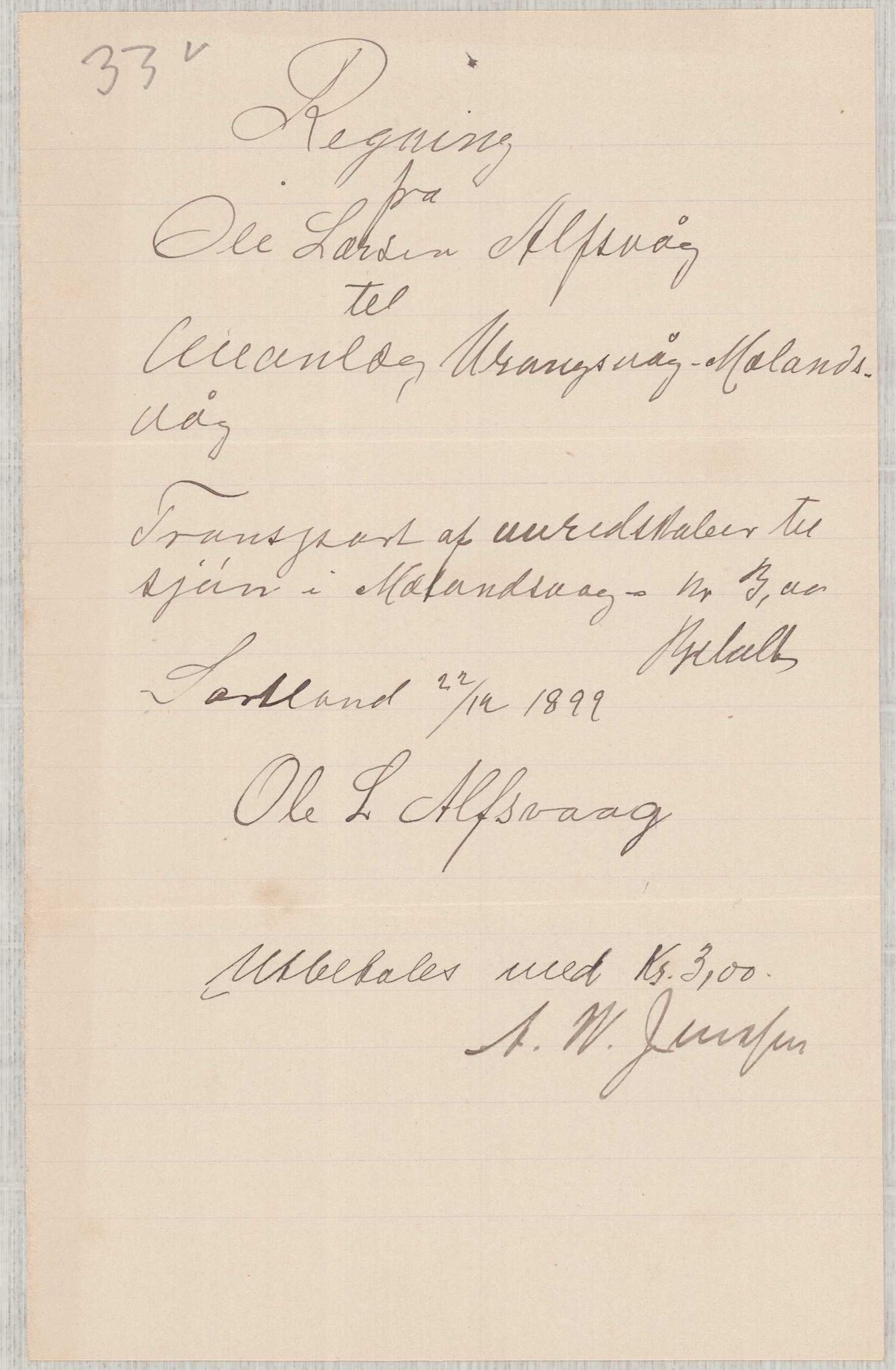 Finnaas kommune. Formannskapet, IKAH/1218a-021/E/Ea/L0002/0001: Rekneskap for veganlegg / Rekneskap for veganlegget Urangsvåg - Mælandsvåg, 1898-1900, s. 94