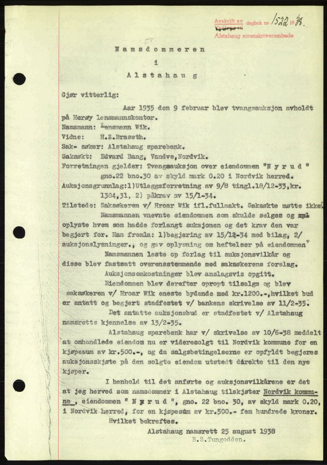 Alstahaug sorenskriveri, SAT/A-1009: Pantebok nr. A3, 1937-1938, Dagboknr: 1522/1938