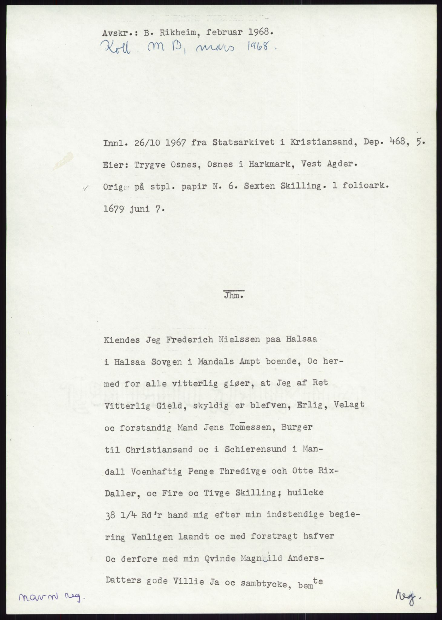 Samlinger til kildeutgivelse, Diplomavskriftsamlingen, AV/RA-EA-4053/H/Ha, s. 2308