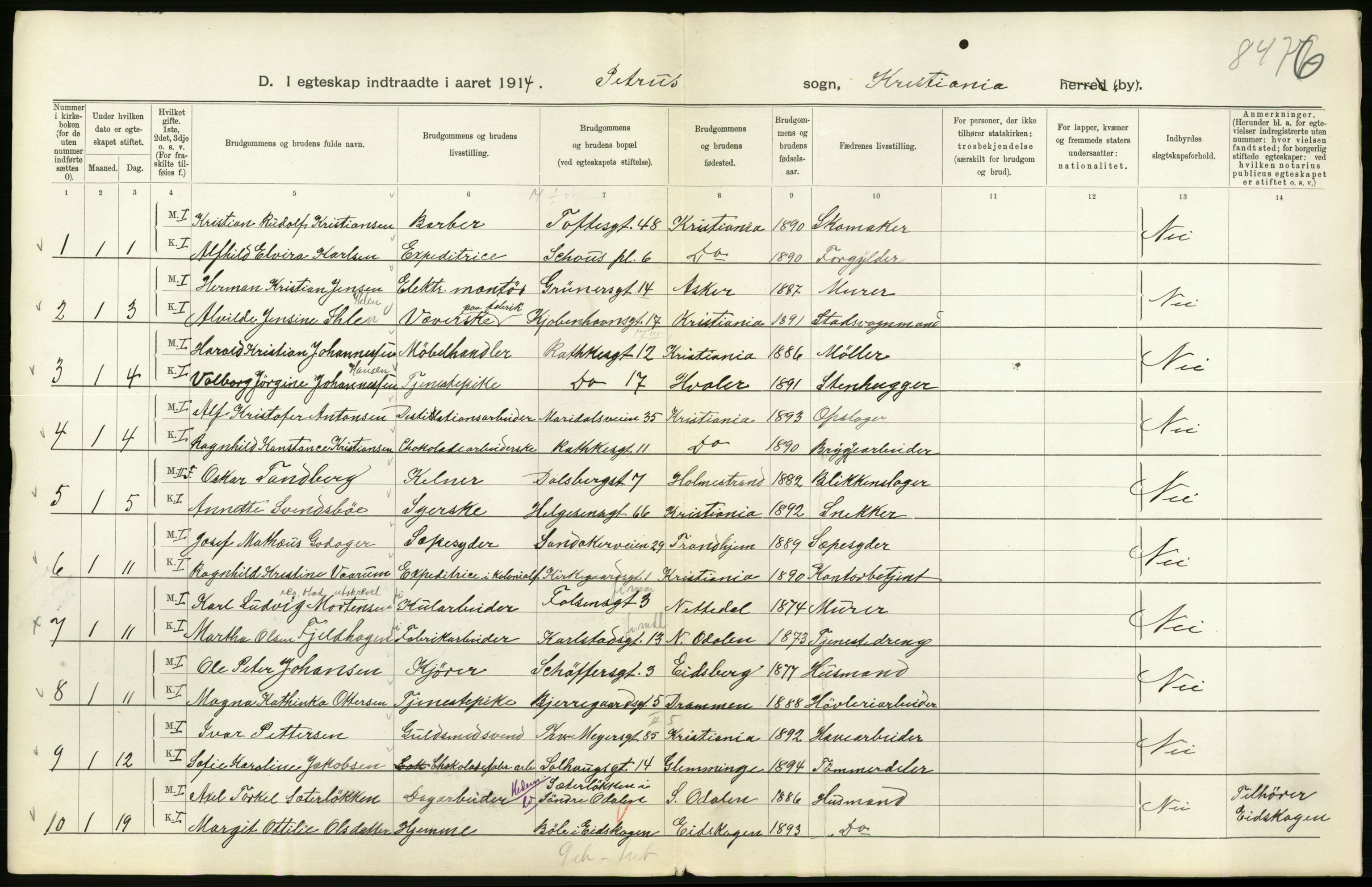 Statistisk sentralbyrå, Sosiodemografiske emner, Befolkning, AV/RA-S-2228/D/Df/Dfb/Dfbd/L0007: Kristiania: Gifte, 1914, s. 484