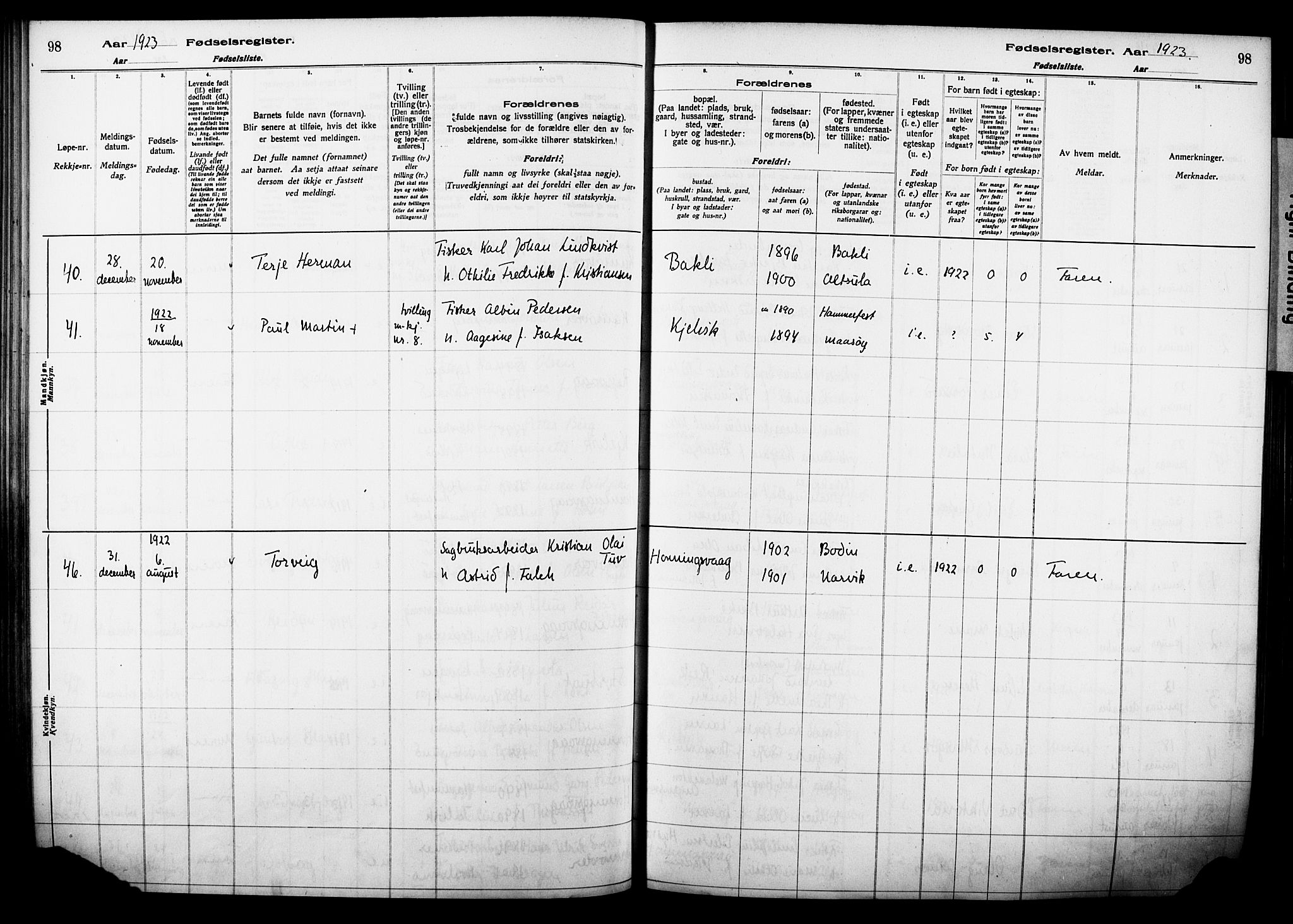 Kjelvik/Nordkapp sokneprestkontor, SATØ/S-1350/I/Ia/L0015: Fødselsregister nr. 15, 1916-1930, s. 98