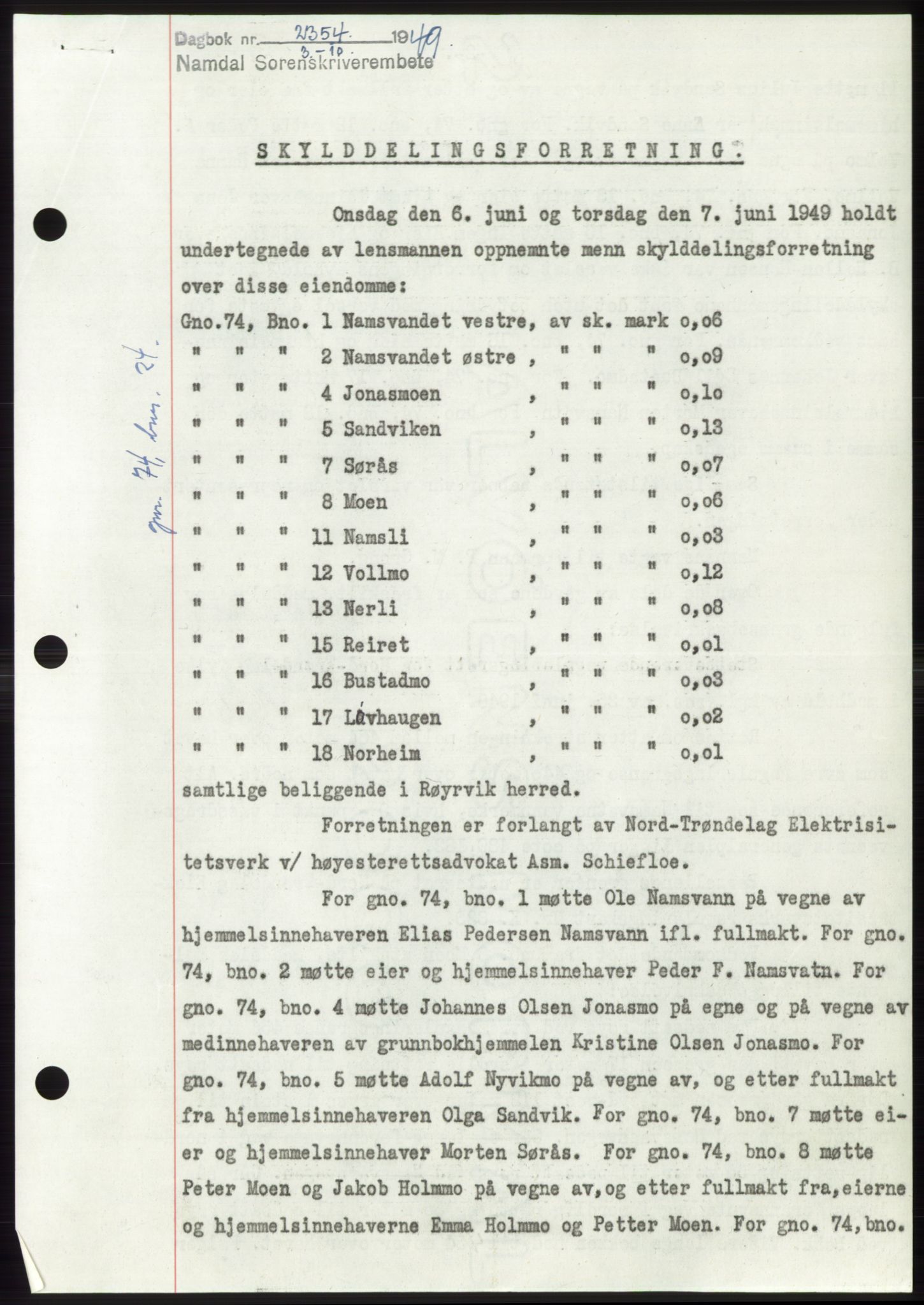 Namdal sorenskriveri, SAT/A-4133/1/2/2C: Pantebok nr. -, 1949-1949, Dagboknr: 2354/1949