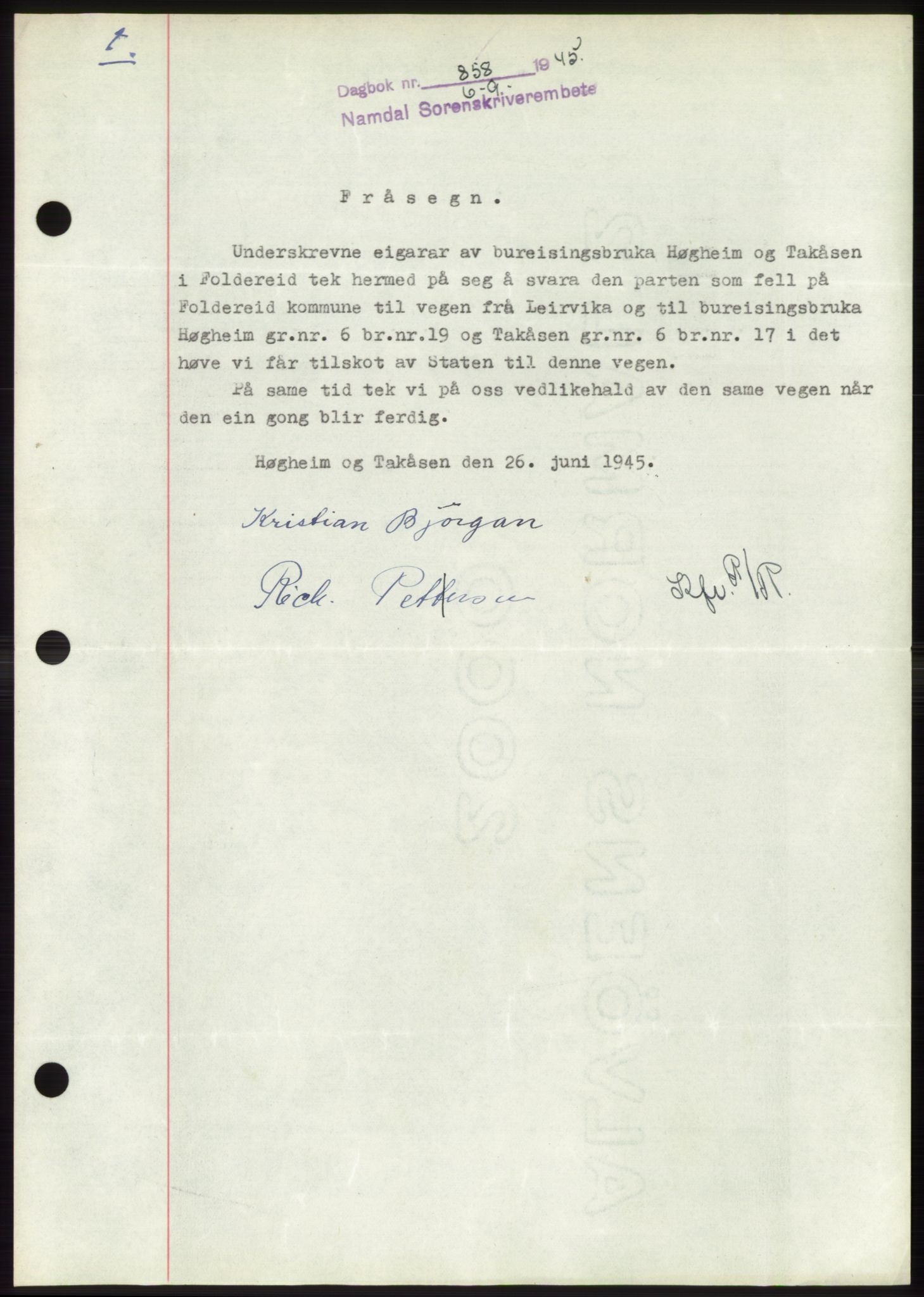 Namdal sorenskriveri, SAT/A-4133/1/2/2C: Pantebok nr. -, 1944-1945, Dagboknr: 858/1945